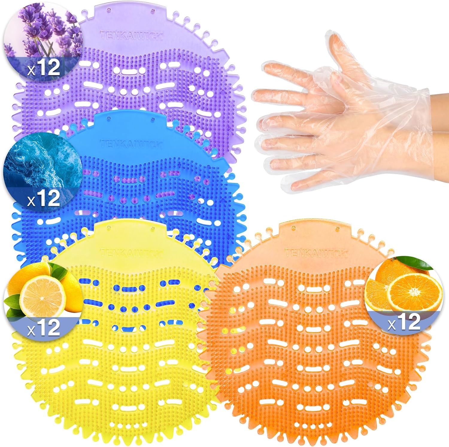 48 PACK Urinal Deodorizer Screen with 100 Gloves-3D Wave Anti-Splash Odor Protection Urinal Cakes for Men Toilets, Four Scents Urinal Mats