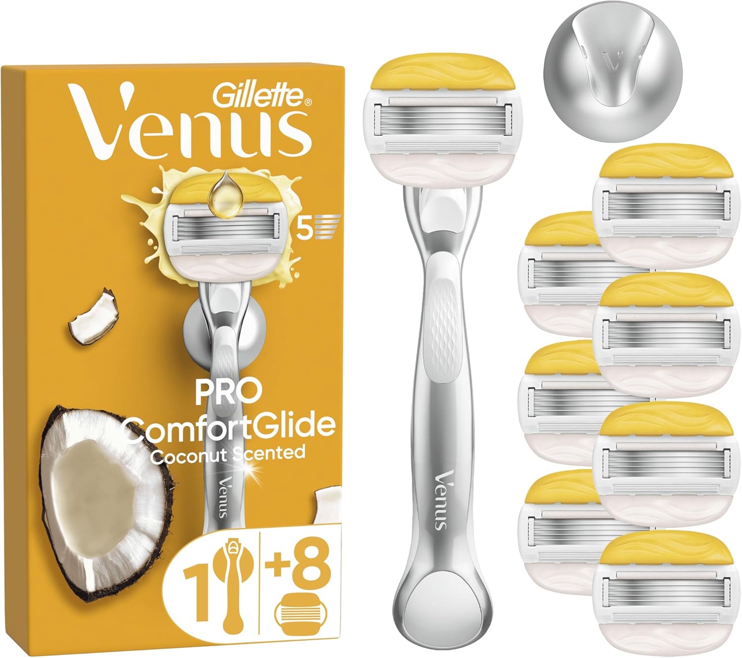 Gillette Venus Comfortglide Coconut plus Olay Women's Razor- 8 Blades, 5 blades for a smooth, close shave that lasts