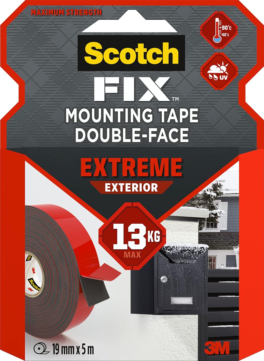 Scotch-Fix Double-Sided Extreme Exterior Mounting Tape - 1 Roll (19mm x 5m) - For Outdoor Extreme Use, Weather Resistant, Permanent Tape, 100% Adhesive, 3M Advanced Technology - Holds up to 13kg