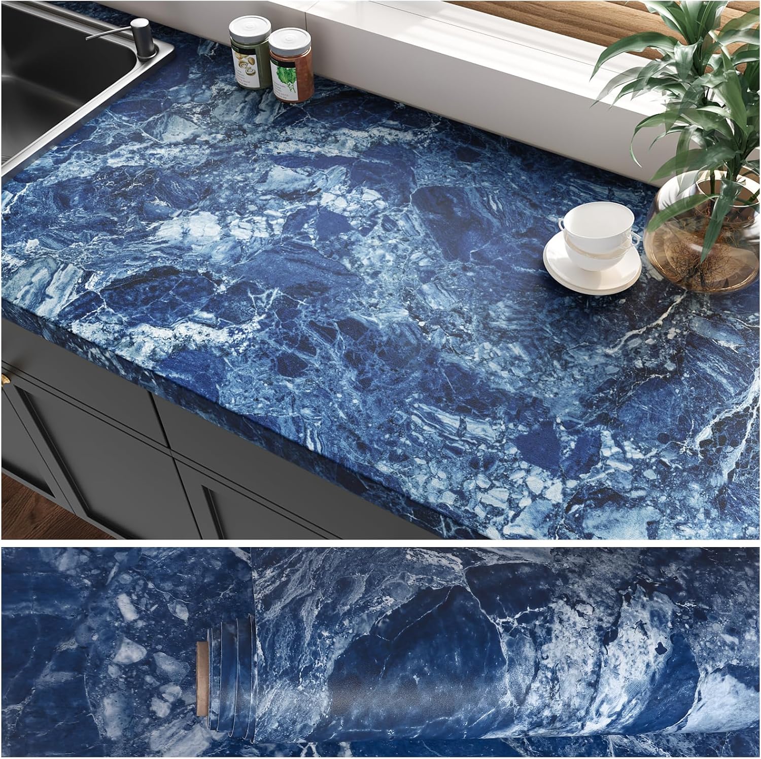 VEELIKE Blue Marble Wallpaper Adhesive Paper Thick Marble Paper Sticker Blue Vintage Wallpaper for Countertops Bathroom Kitchen Worktop Washable Table 40cm×300cm