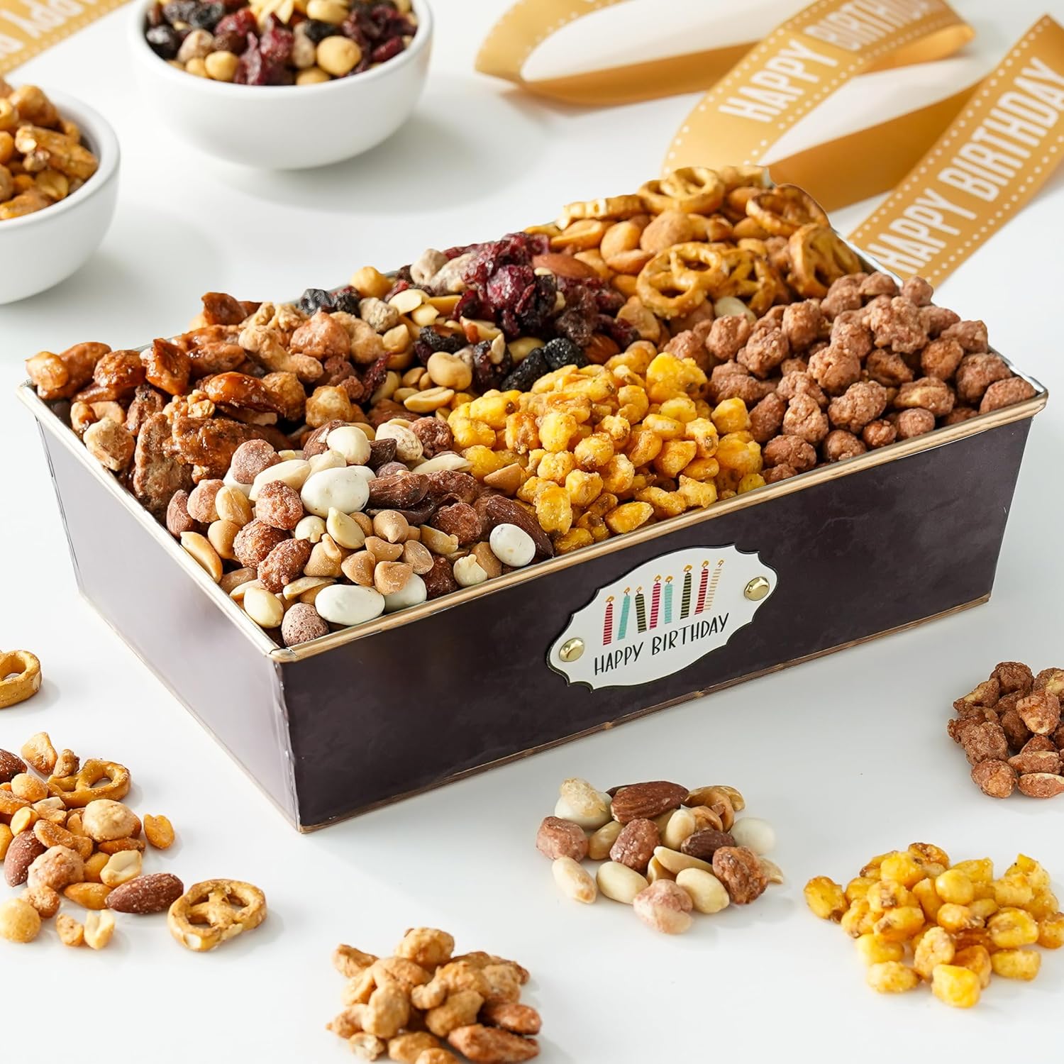 Broadway Basketeers Birthday Nuts Gift Basket - A Variety of 6 Gourmet Nut Mixes Snack Food Box, Healthy Gift for Men & Women, Corporate