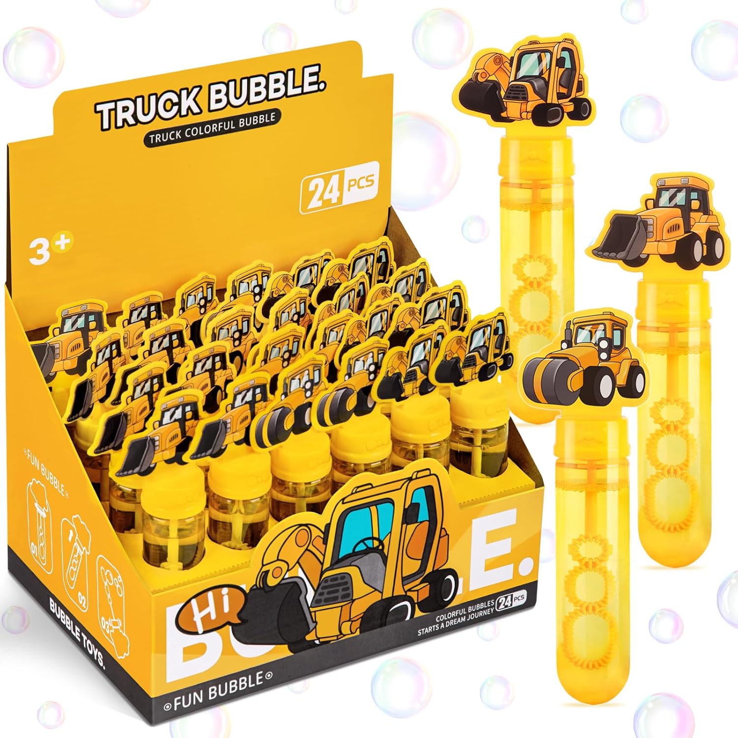 Roberly Truck Bubbles Wands for Kids, 24Pcs Refill Cartoon Excavator Bubble Wands Toys Bulk Birthday Party Treats Goodie Bag Stuffers Classroom Prizes Gifts for Boys Girls