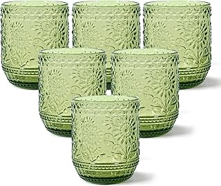 Vintage Drinking Glasses Set, 14oz Green Embossed Drinking Glasses Set of 6, Sunflower Glassware, Whiskey Glasses, Cocktail Glasses