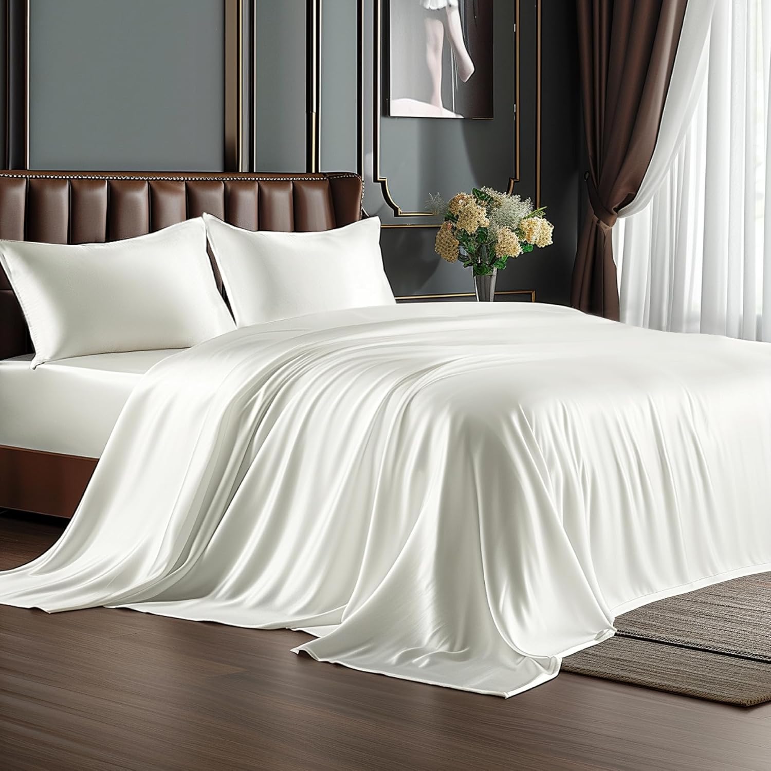 BEDELITE Satin Sheets Queen Size Bed Set, Luxury Soft Ivory White Silky Sheets for Hair and Skin, Similar to Silk Bed Sheets Set 4 Pieces （1 Deep Pocket Fitted Sheet, 1 Flat Sheet, and 2 Pillowcases）