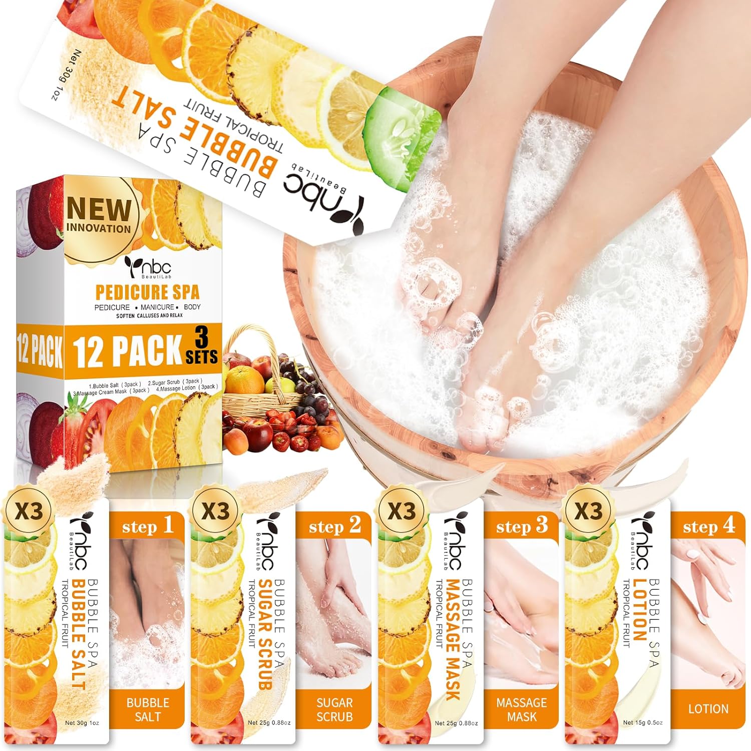 Pedicure Kit Foot Soak Set: Bubble Salt, Sugar Scrub, Massage Mask, Massage Lotion in a Box, 4 Step Foot Spa Kit for Dry Feet,Tired Feet（3 Set Tropical Fruit)