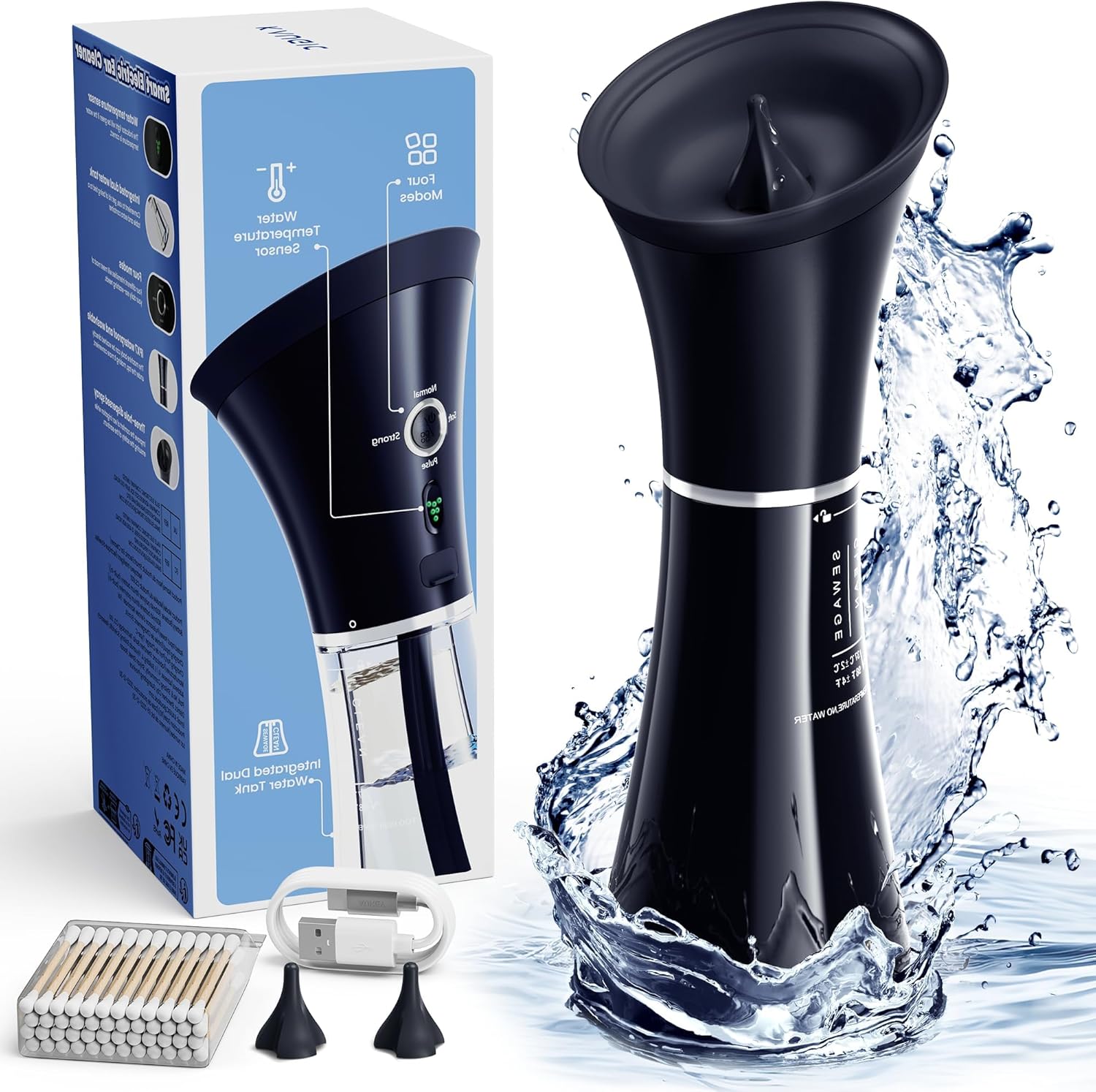 Upgraded Ear Wax Removal with One-Piece Waste Tank, Safe Ear Cleaner with Water Temperature Sensor, FSA/HSA Eligible Effective Ear Irrigation Kit & USB-A to C Cable, IPX7, Black