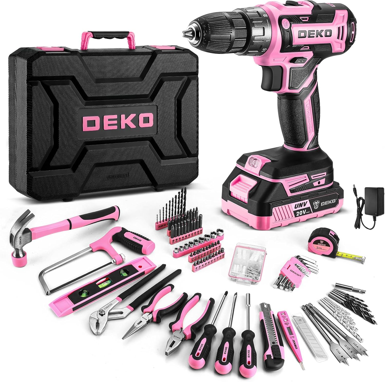 DEKOPRO Pink Drill Tool Kit Set: 20V Cordless Power Drill Tool Box with Battery Electric Drill Driver for Men Home Hand Repair Basic Toolbox Tools Sets Drills Case, DKMT186-GP