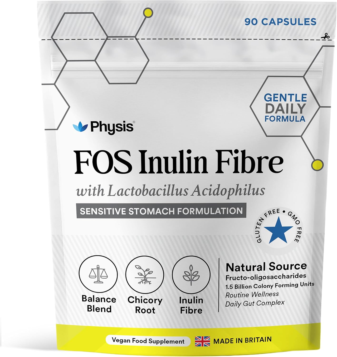 Physis FOS Inulin Fibre with Lactobacillus Acidophilus | Chicory Root Inulin & Live Bacterial Cultures | Gentle Daily Formula for Sensitive Stomachs | 90 x Vegan Gut Wellness Capsules | Made in UK