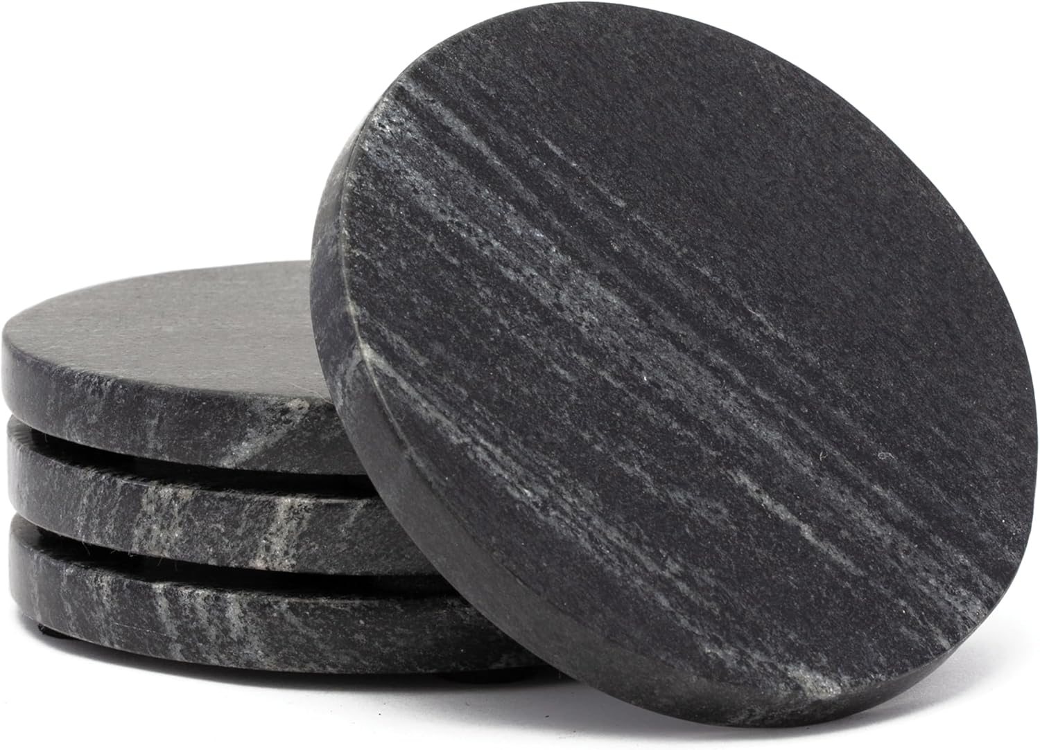 Thirstystone 4 Pack Natural Black Marble Round Coasters with Protective Felt Feet on The Bottom 4" Diameter Elegant Heat Tolerant Easily Wipes Clean