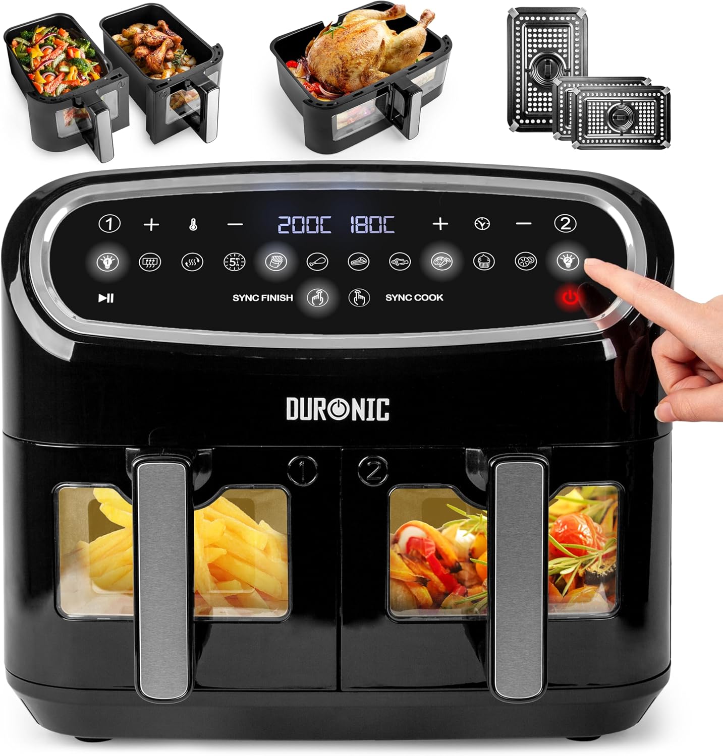 Duronic AF34 BK Triple Drawer 10L Digital Air Fryer with Visual Window, Dual Zone, 10-in-1 Large Drawer AirFryer for Family, Uses No Oil, Air Fry, Roast, Bake, Dishwasher Safe Non-Stick Baskets, Black