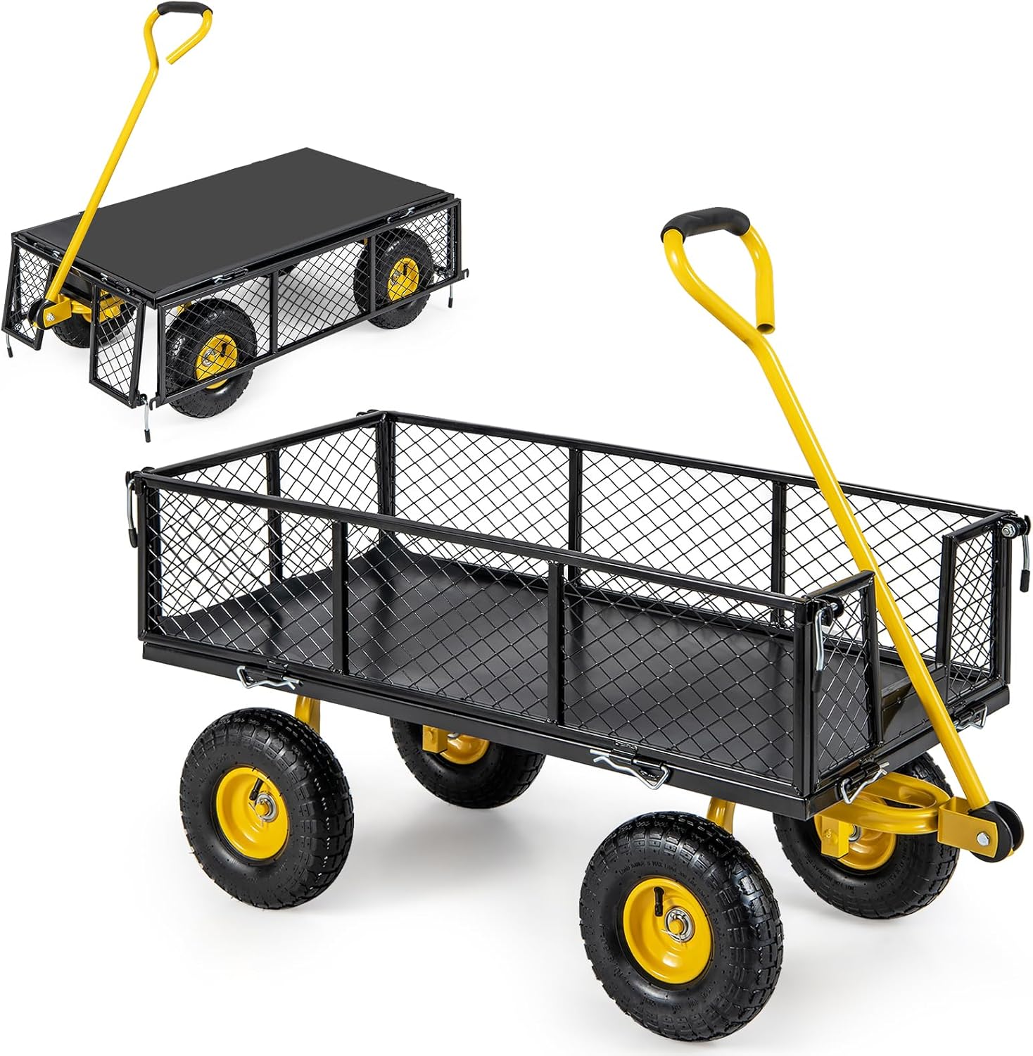 Goplus Mesh Steel Garden Cart, 900 LBS Utility Wagon with 4 Removable Sides, 10” Pneumatic Wheels, Adjustable Handle, Convert into Flatbed, 3-in-1 Heavy Duty Garden Wagon for Yard Farm Patio