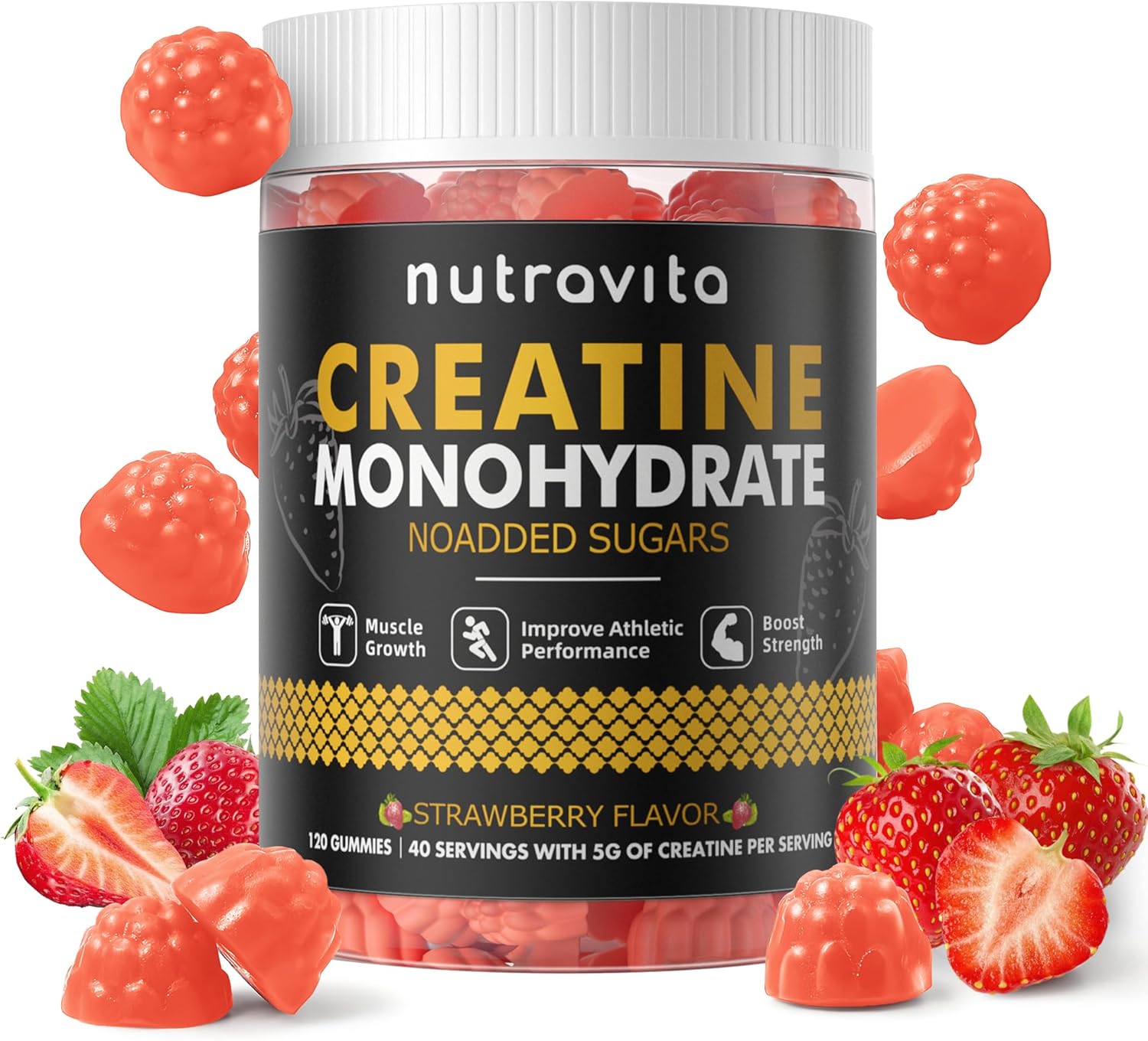 Creatine Monohydrate Gummies for Men & Women-5g of Creatine Monohydrate per Serving - Sugar Free,Vegan, Strawberry Flavor, 120 Count