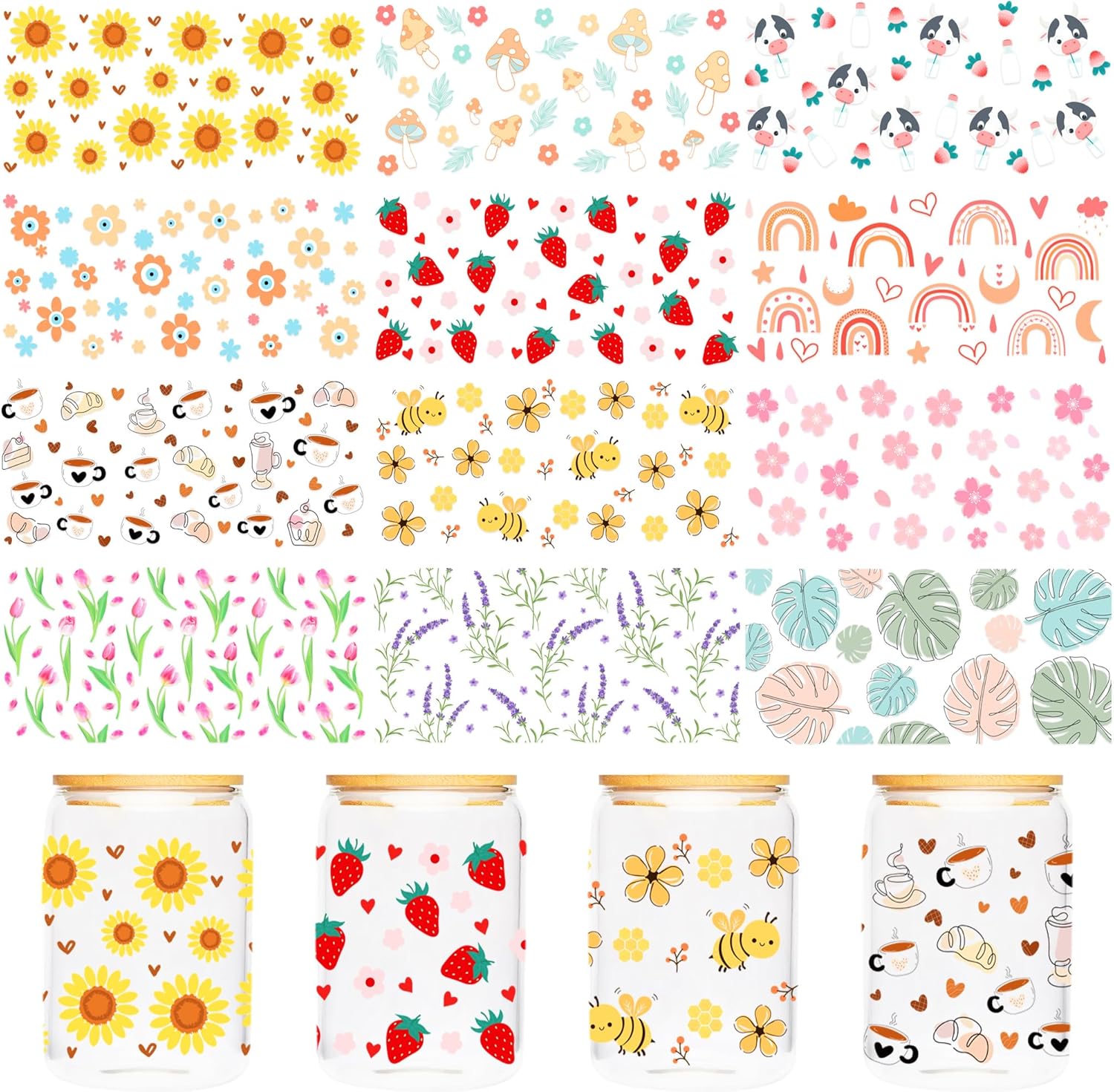 UV DTF Cup Wrap for 16 OZ - 12 Sheets Boho UV DTF Transfer Sticker for Glass, Boho Rainbow, Daisy, Flower, Sakura, Cow, Bee, Strawberry, Mushroom, Coffee, Gifts for Students, Tearcher, Office Worker