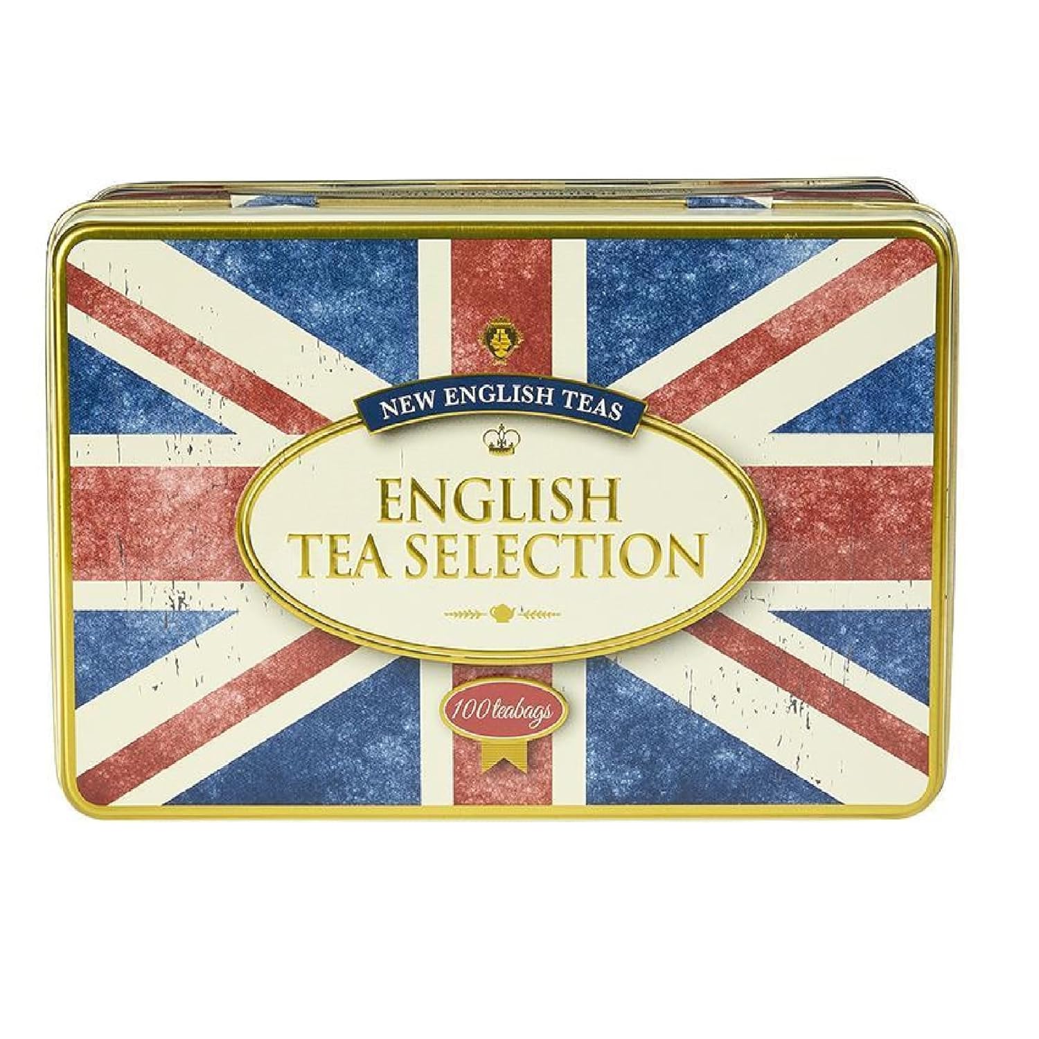 New English Teas Union Jack Tea Tin with 100 Assorted Tea Bags – English Breakfast, Afternoon Tea & Earl Grey – British Gifts, London Themed Gifts, Hinged Lid, Fresh Foil Packed