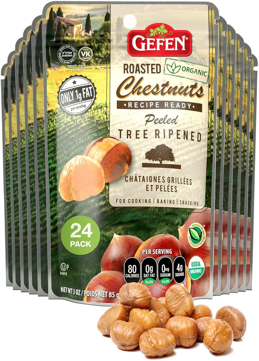 Gefen Organic Whole Peeled and Roasted Chestnuts, 3oz (24 Pack) | Chestnuts Peeled and Ready to Eat | Great for Cooking & Baking | Gluten Free | Kosher