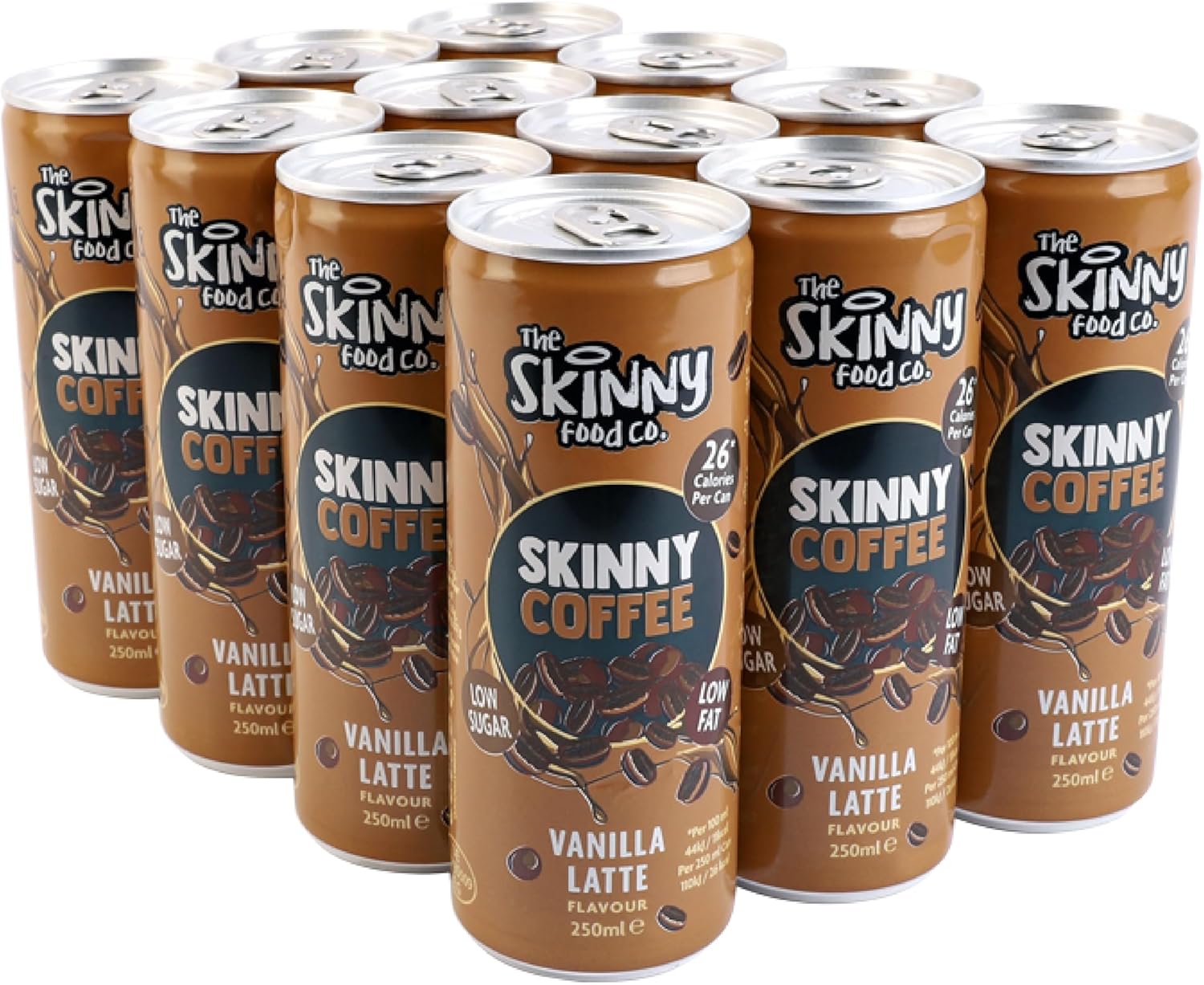 Skinny Food Co Skinny Coffee Vanilla Latte - 12 x 250ml Cans - Low Sugar, Low Fat - 26 Calories per Can - Ready-to-Drink - Great for a Healthy Energy Boost