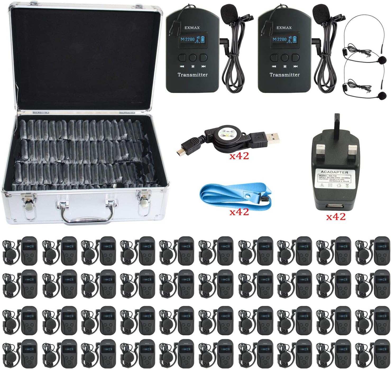 EXMAX EXD-101 2.4GHz Wireless Church Translation Equipment for Summit, Hajj, Lectures, Seminars and Other Learning Activities, Special Job Training - 2 Transmitters 40 Receivers & Silver Storage Case