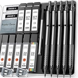 Four Candies Metal Mechanical Pencil Set, 3PCS Art Drafting Pencils 0.5, 0.7, 0.9MM & 2PCS 2MM Mechanical Drawing Pencils with 420PCS Leads (4B 2B HB 2H Color) for Writing Sketching Drawing (Black)