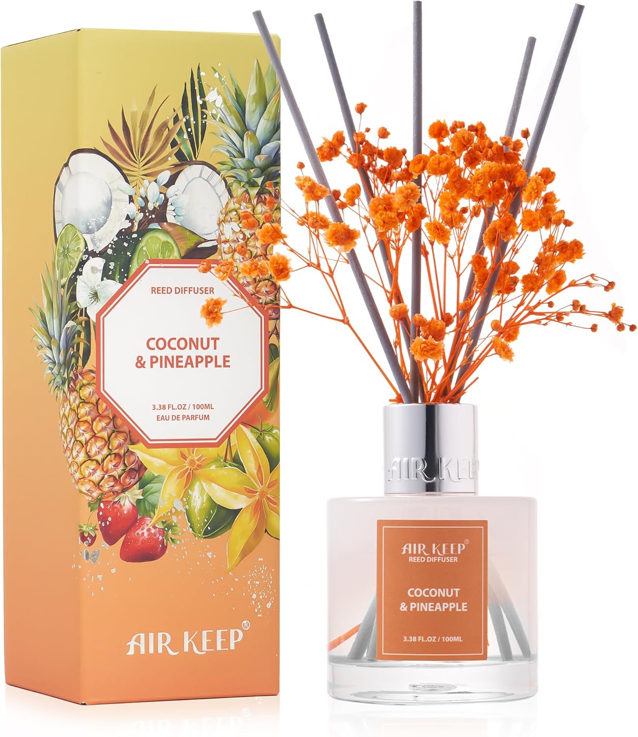 Reed Diffuser Set,3.38 fl oz (100 ml) - Coconut&Pineapple Oil Diffusers with 8 Reed Sticks, Home Fragrance Reed Diffuser for Bathroom Shelf Decor