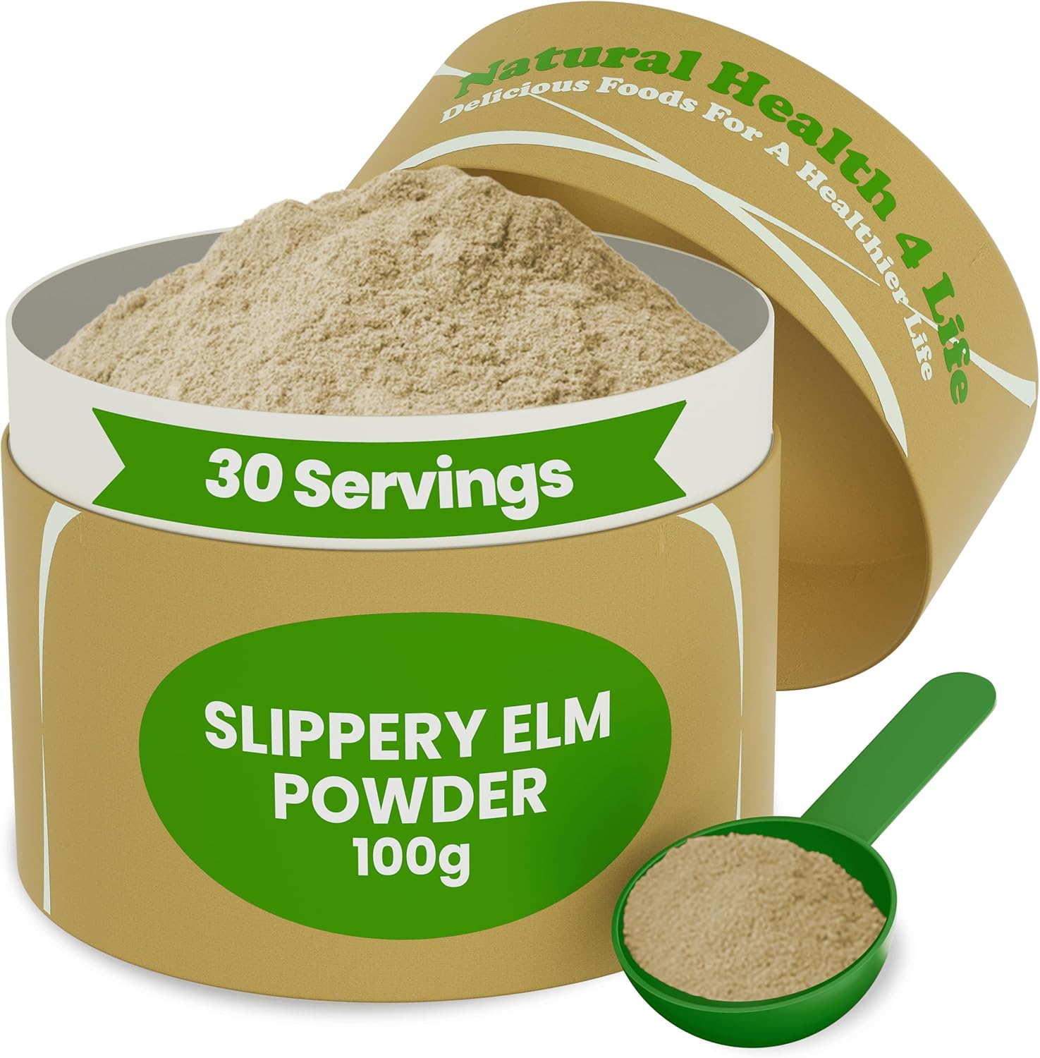 Natural Health 4 Life 100% Pure Inner Bark Slippery Elm Powder 100 g in Recyclable Tub with Scoop (1 Tub)