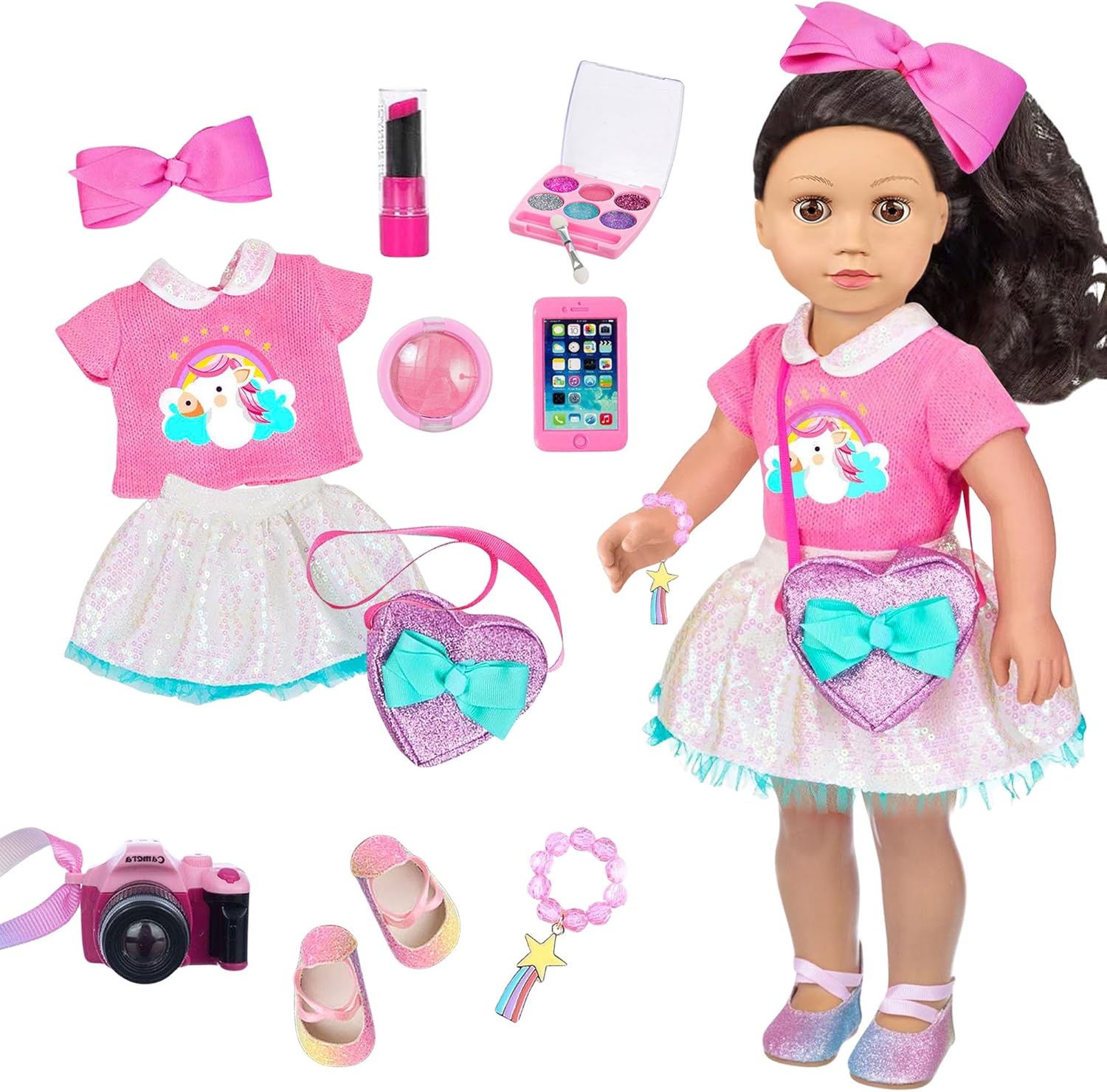 American 18 Inch Doll Clothes and Makeup Accessories Set - Includes Top and Skirt, Bag,Camera,Cell Phone,Eye Shadow,Blush,Bracelet,Lipstick,Bow Hair Clips (NO Doll)