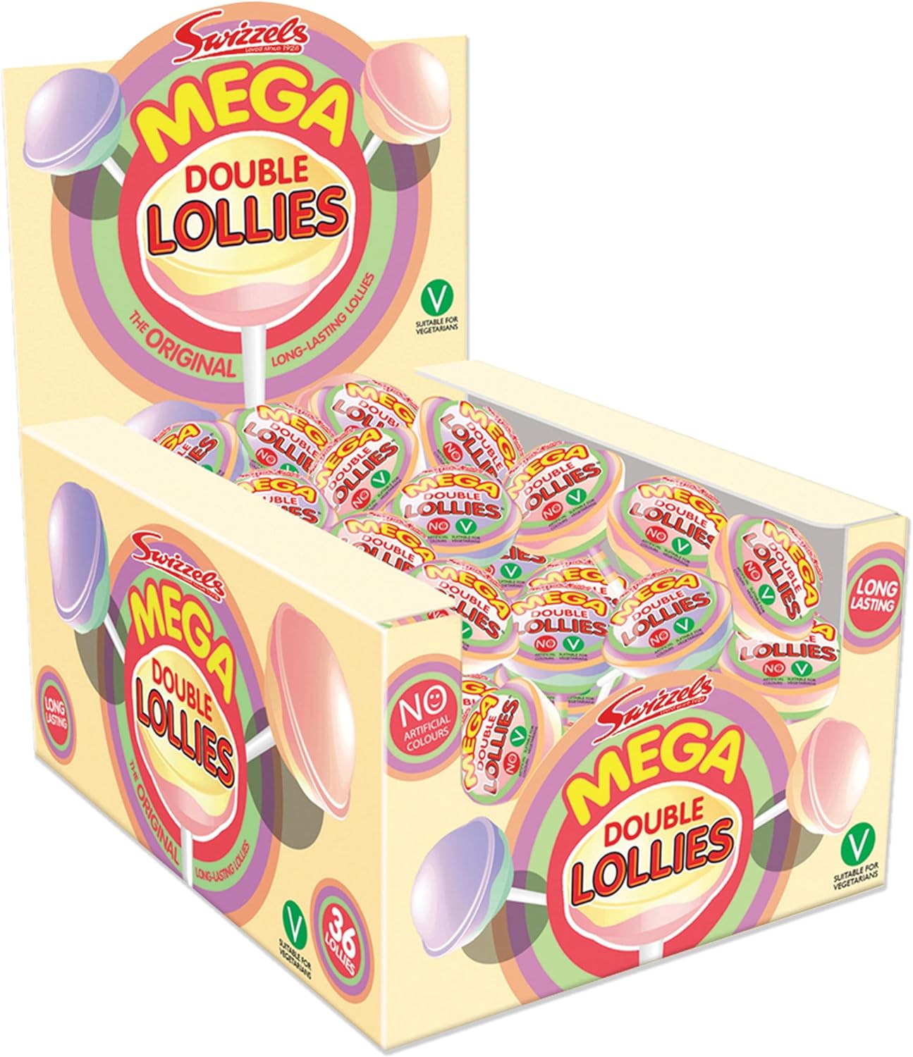 Swizzels Mega Double Lollies, Fruit Flavoured Lollipop Sweet Box (36 Lollipops per Box)