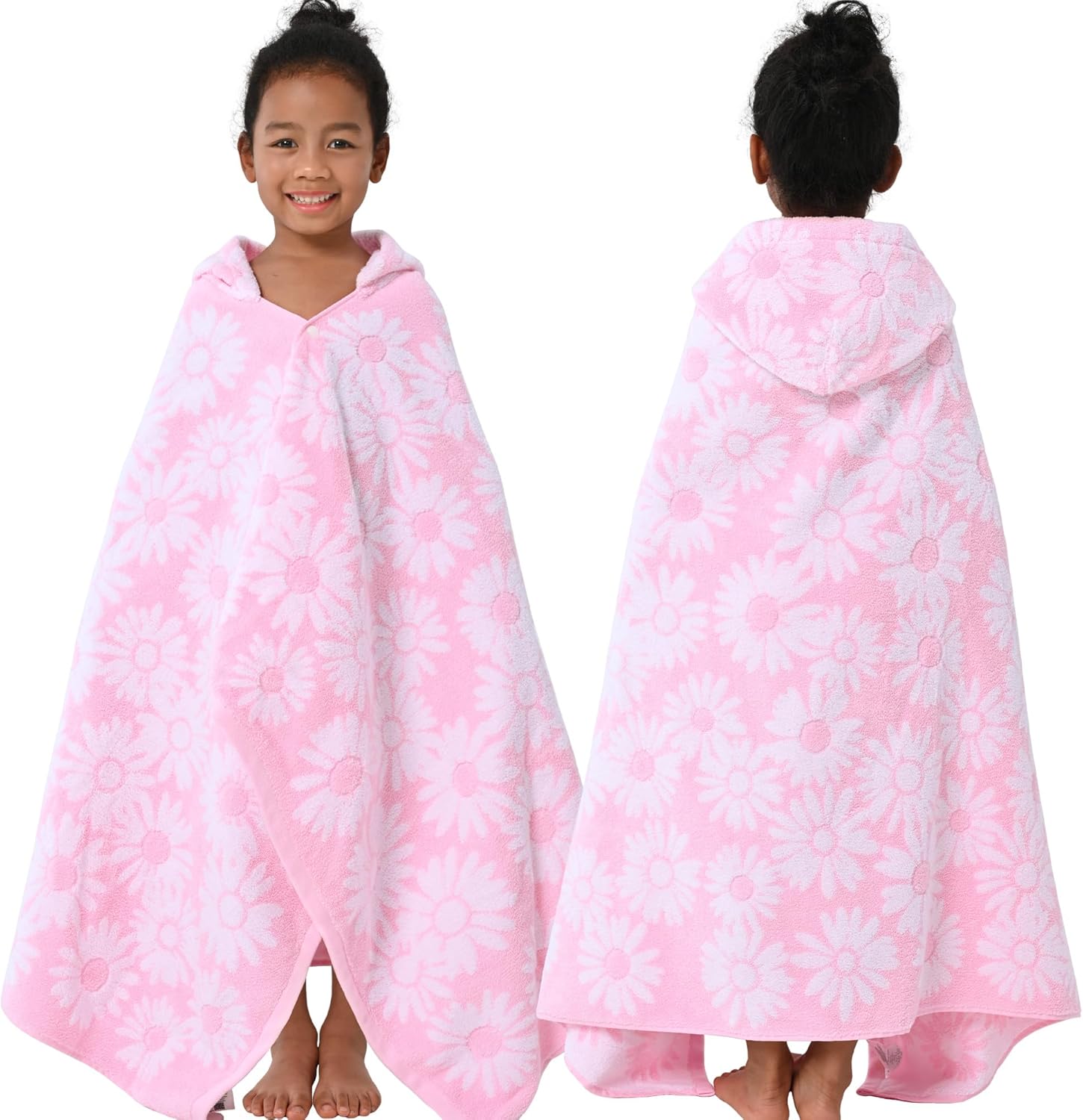Hooded Bath Towels for Kids (3-10Years) - Soft, Absorbent Turkish Cotton Thick Pool Towels with Hood for Toddler,Perfect for Bath | Beach | Pool | Swim, Jacquard, Pink with White Daisys Theme