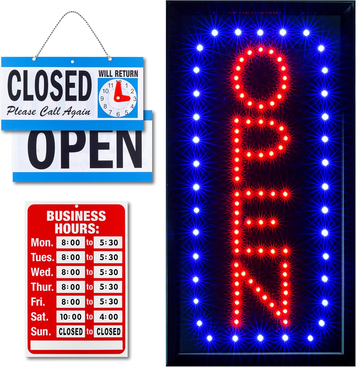 Neon Open Sign for Business: Vertical LED Sign with Flashing Mode for Stores - Includes Business Hours and Open & Closed Signs