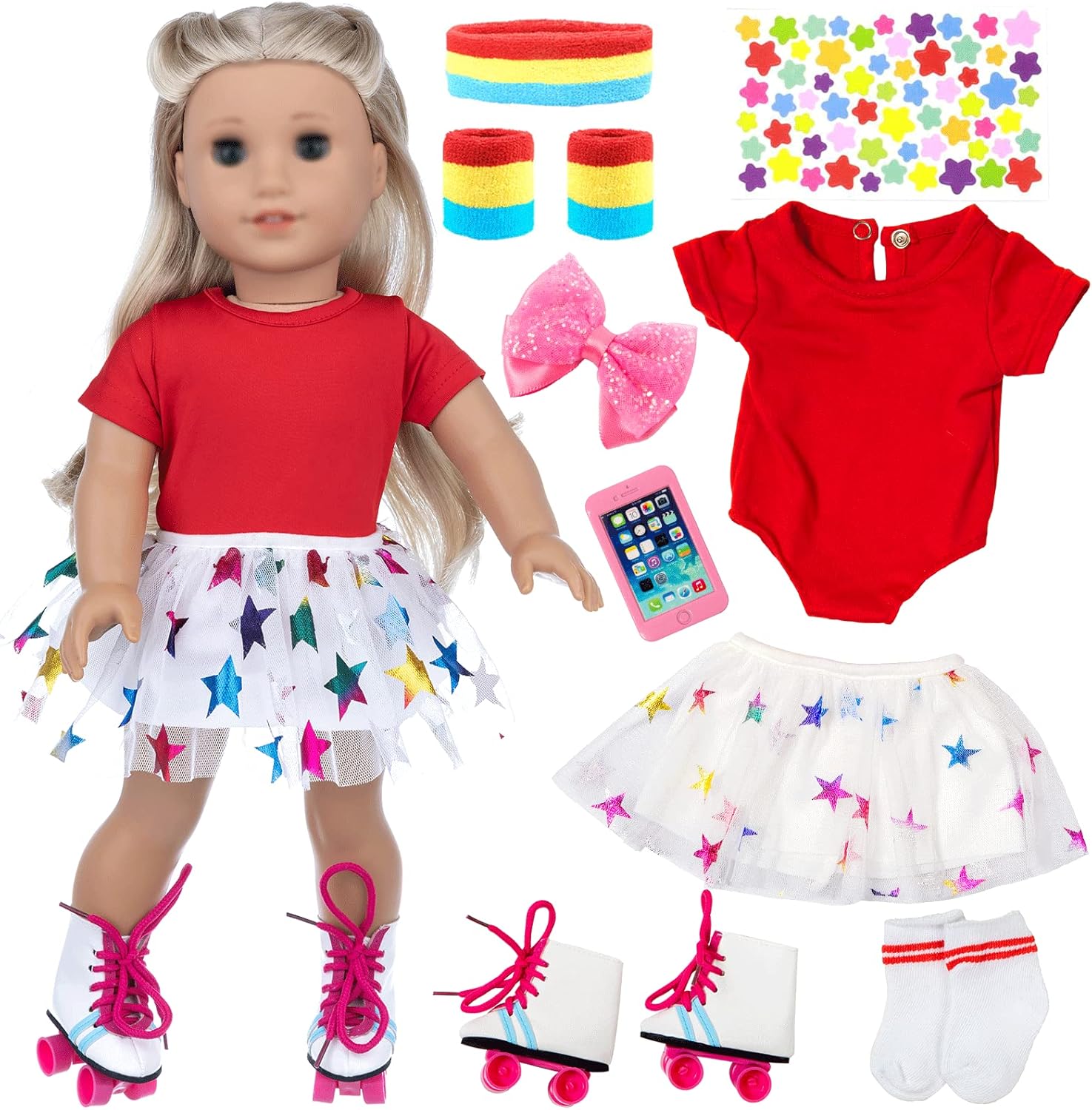 18 Inch Girl Doll Travel Skating Sport Play Set - 7PC Outdoor Accessories (Not Include Doll)