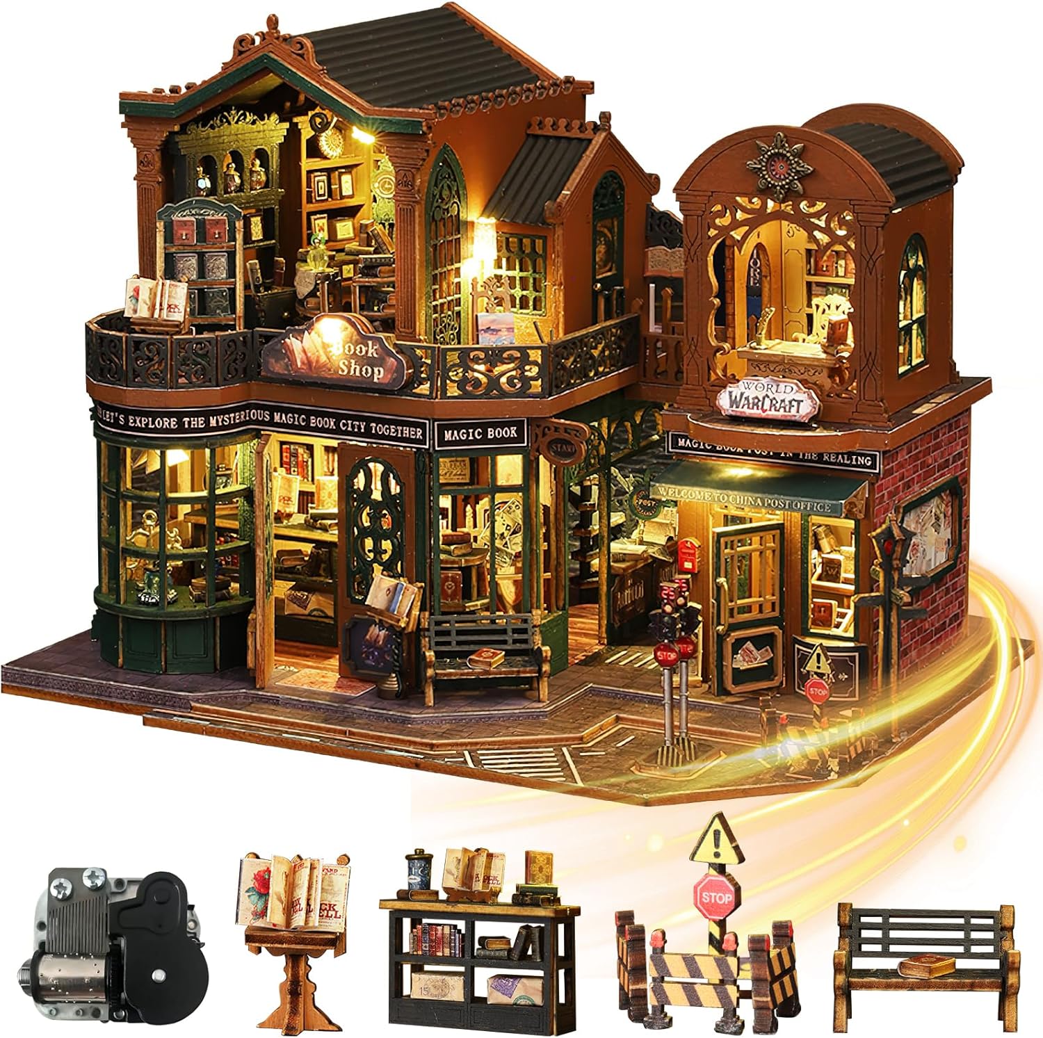 Mostop DIY Miniature Dollhouse Kit Age 14+, Wooden Dollhouse Kit Miniature House Kit with LED Light and Movements,Creative Room Idea for Kids/Adults Magic House DIY Kits (Twilight BOOK City)