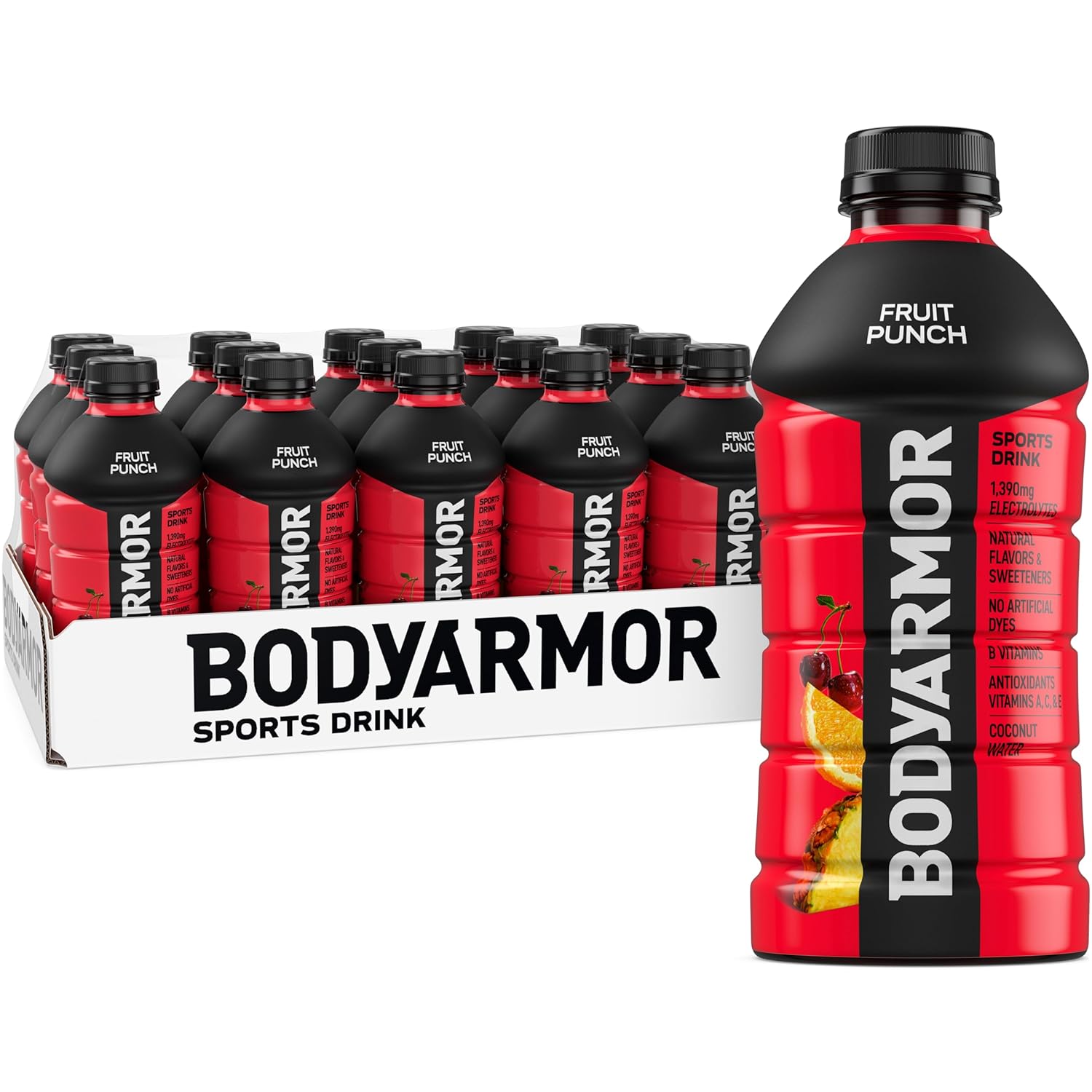 BODYARMOR Sports Drink Sports Beverage, Fruit Punch, Coconut Water Hydration, Natural Flavors With Vitamins, Potassium-Packed Electrolytes, Perfect For Athletes, 28 Fl Oz (Pack of 15)