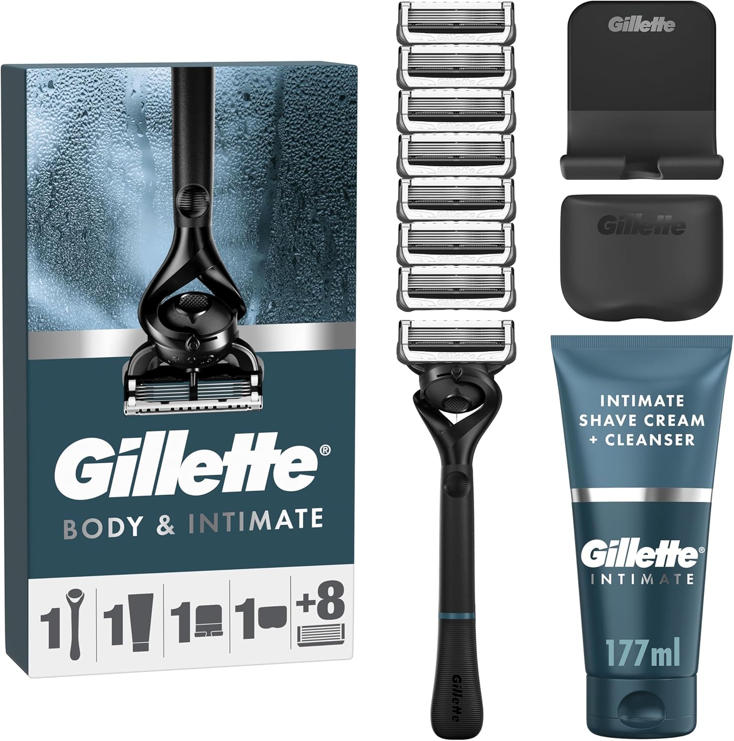 Gillette Body & Intimate Men’s Razor Set – Pubic Hair & Ball Shaver, 8 Razor Blade Refills + 2in1 Shave Cream & Cleanser, Below-the-Waist Grooming, Includes Shower Hook & Travel Cover