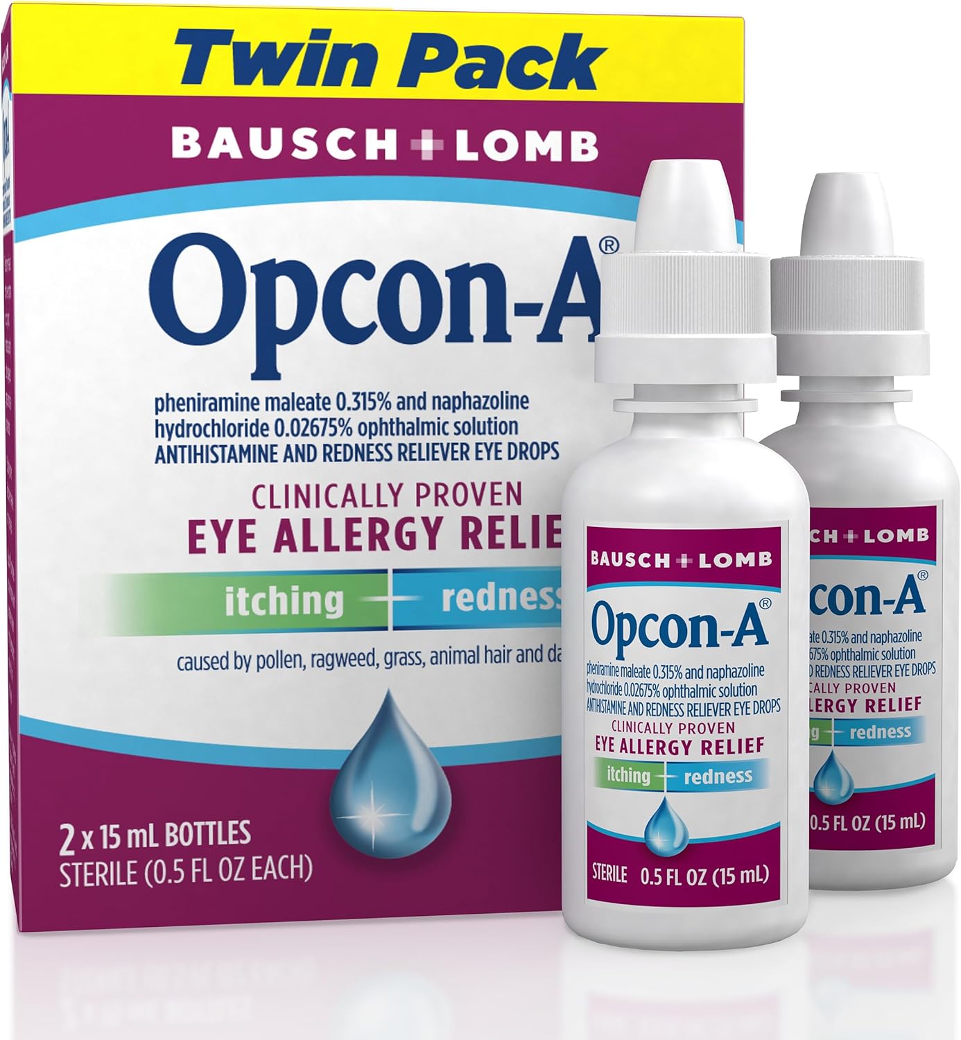 Opcon-A Allergy Eye Drops by Bausch + Lomb, for Itch and Redness Relief, Red and Itchy Eyes Antihistamine Eye Drop, Clinically Proven Treatment, 0.5 Fl Oz (Pack of 2)
