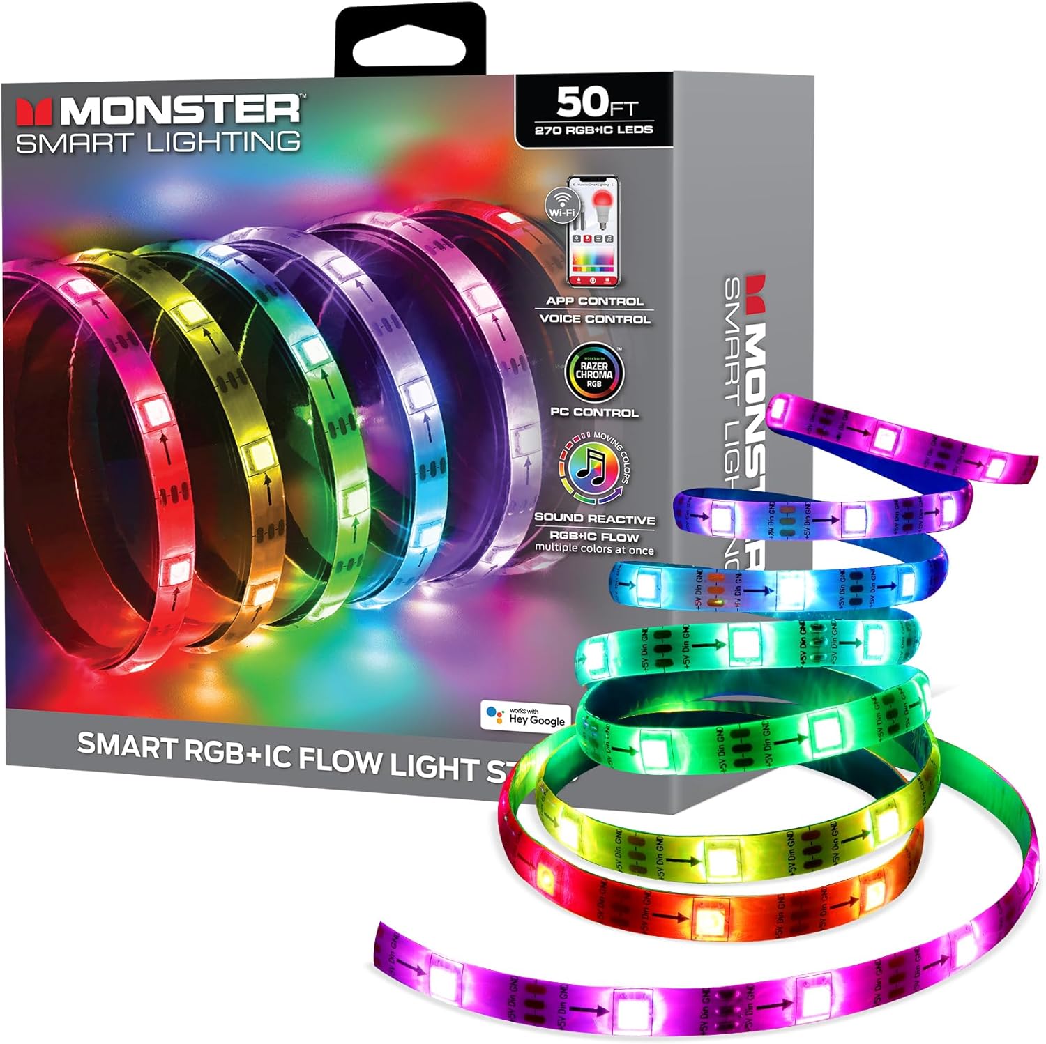 Monster Smart RGB+IC LED Strip Lights 50ft – Sound Reactive Strip Lights for Bedroom, App & Voice Control, RGB Light Strip for Room, Alexa Google Home, Razer Chroma Sync - 270 RGB+IC LED Lights