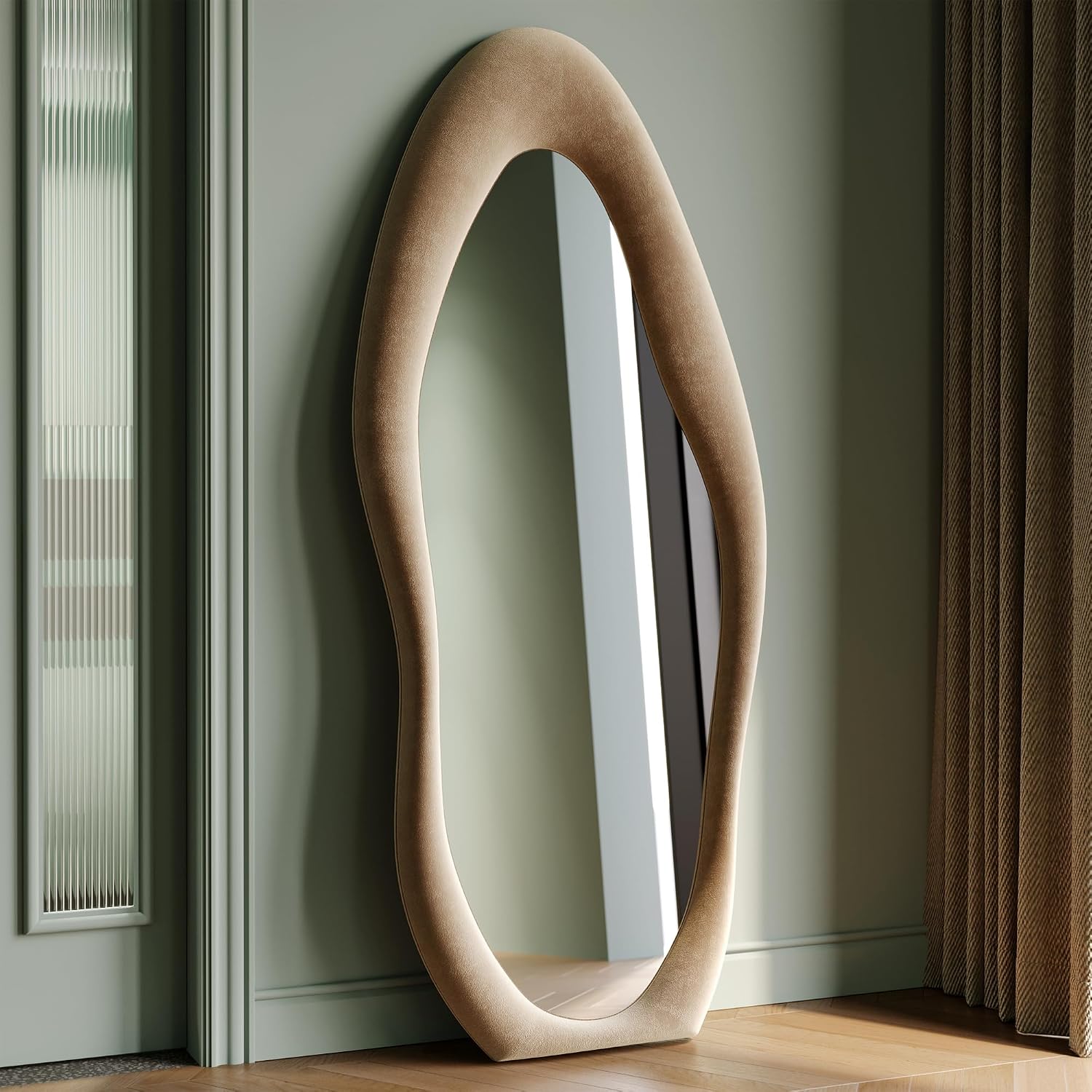 Honyee Full Length Mirror, 63" x 24" Wall Mirror, Flannel Wrapped Wooden Frame Floor Mirror, Irregular Wavy Mirror Hanging or Leaning Against Wall for Cloakroom/Bedroom/Living Room, Milk Tea