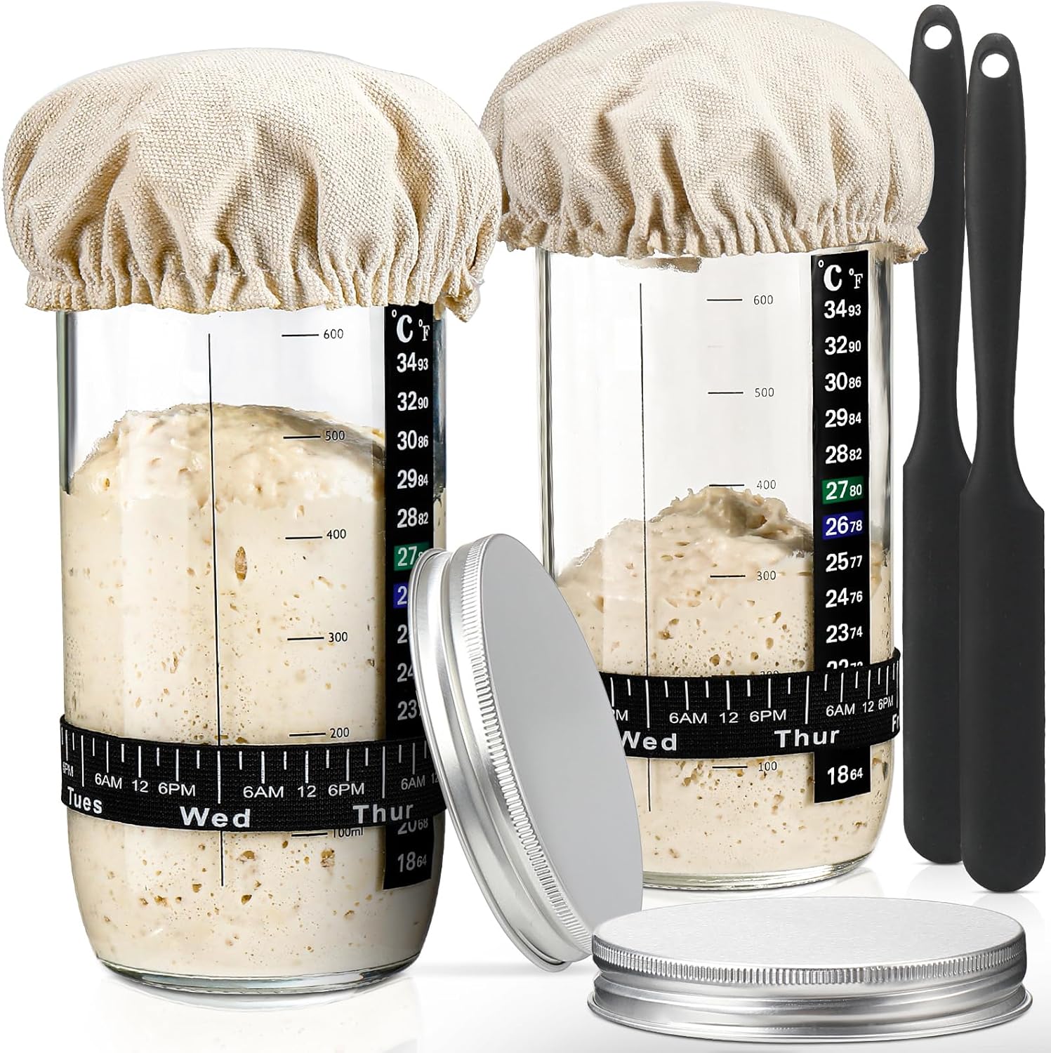 DWTS DANWEITESI Sourdough Starter Jar with Date Marked Feeding Band, Thermometer, Sourdough Fermentation Jar Scraper, Sewn Cloth Cover & Aluminum Lid, Sourdough Starter Kit Reusable(2pcs/24oz)