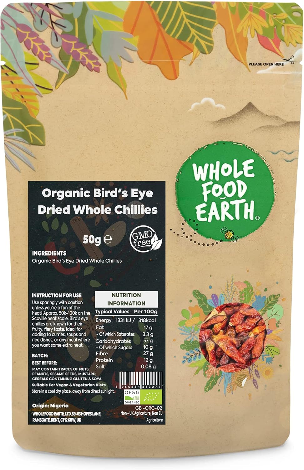 Wholefood Earth Organic Bird's Eye Dried Whole Chillies 50 g | GMO Free | Certified Organic