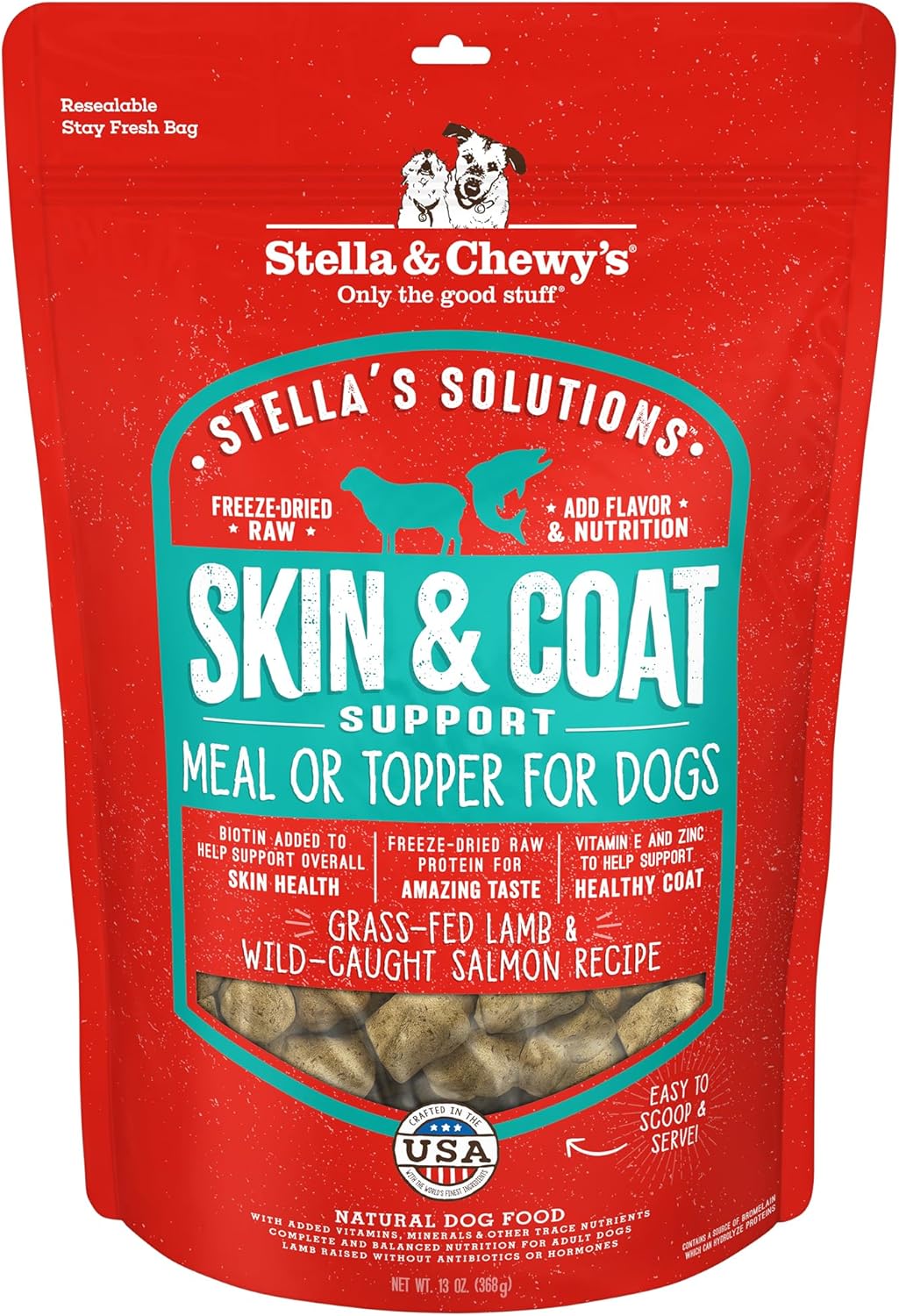Stella & Chewy's Freeze-Dried Raw Dog Food for Skin & Coat - Grass-Fed Lamb & Wild-Caught Salmon - Natural Solution for Itchy Skin, Dull Coat & Shedding - Premium Raw Nutrition - 13oz