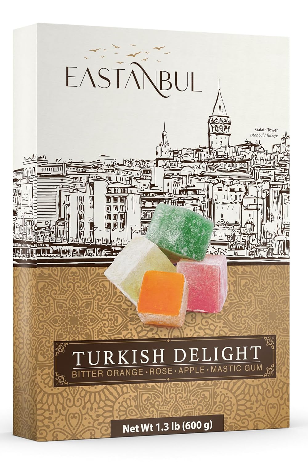Eastanbul Turkish Delight, 21.2oz, Turkish Delights Candy Assorted, Rose, Orange, Apple, Mastic Flavor, International Candy, Lokum, Plain, Gluten Free, No Synthetic Ingredient, Vegan