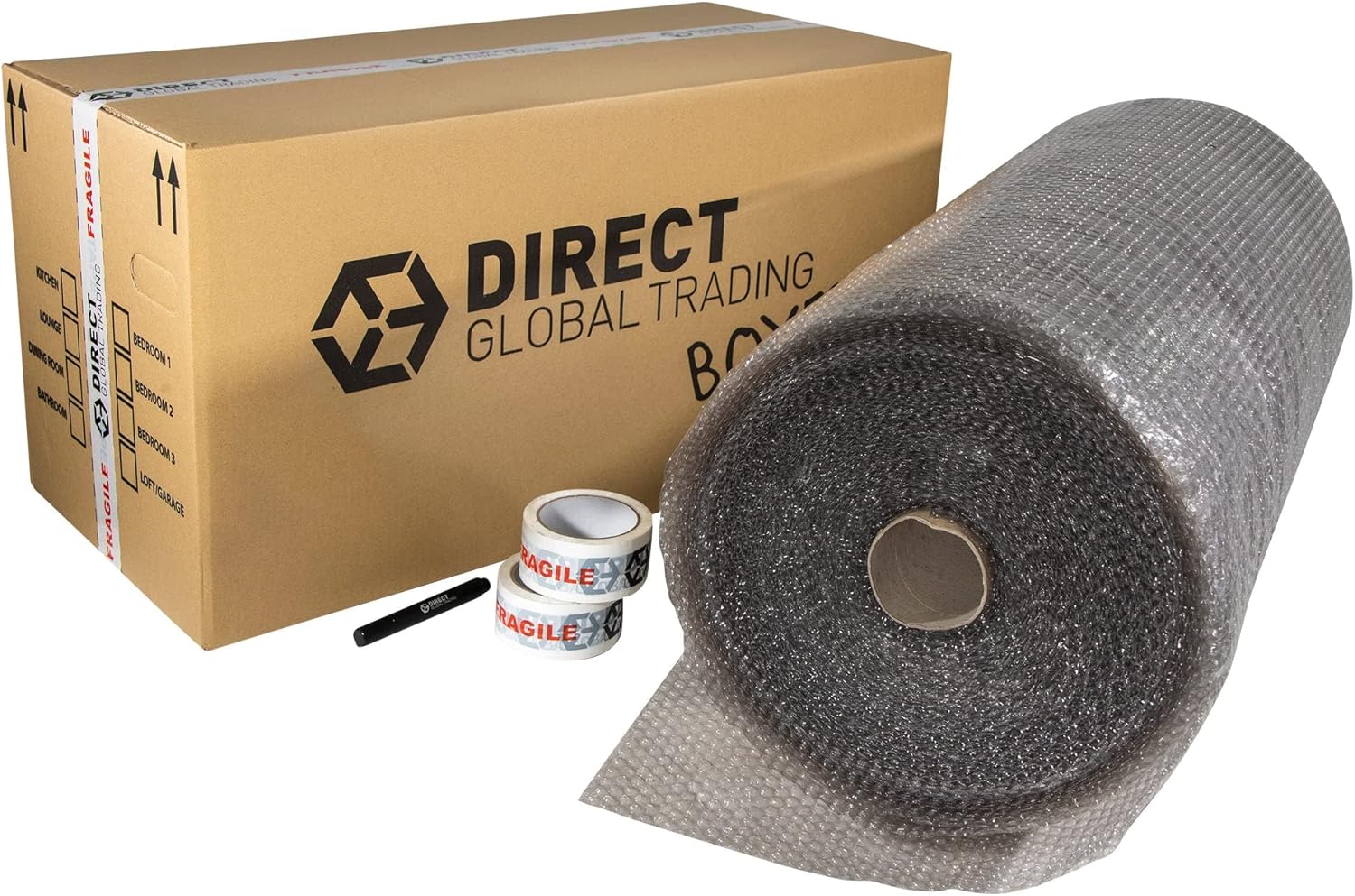 Large 60 Metre Roll Bubble Wrap Cardboard Box 2 Rolls Fragile Tape Marker Pen House Moving Kit