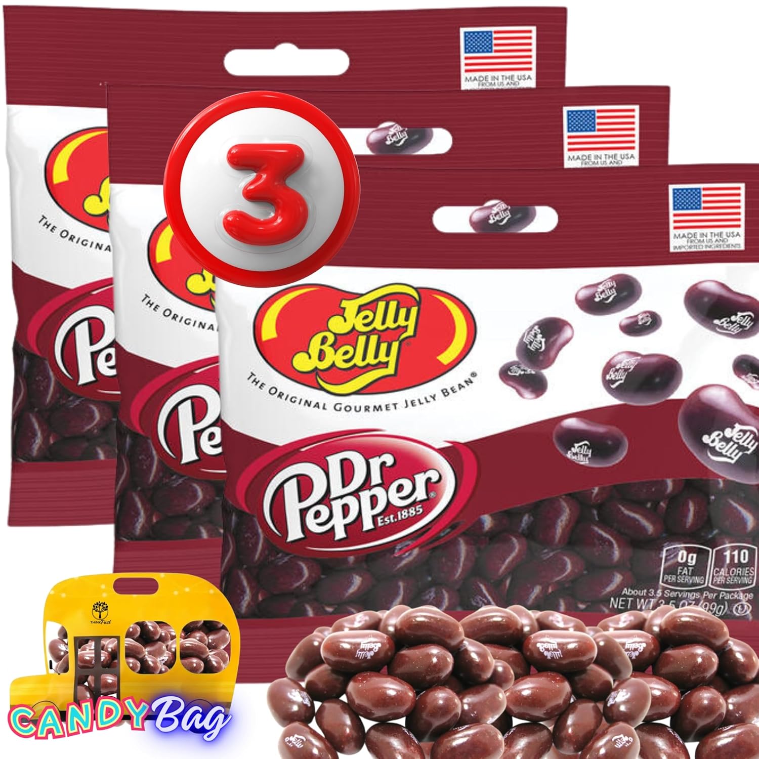 (3 PACK) Dr. Pepper Jelly Beans - 3.5 oz each - Bulk Individually Bagged Shareable Chewy Candies - Included One Think FWD Candy ZipBag (Dr.Pepper)
