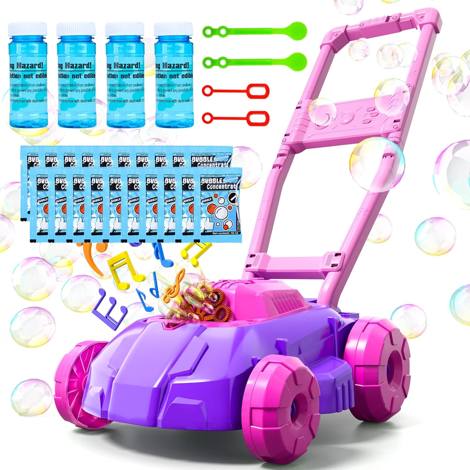 Bubble Lawn Mower for Toddlers, Kids Automatic Bubble Blower Maker Machine, Pink and Purple, Outdoor Gardening Push Toys, Birthday Gifts Summer Toys for Girls Boys