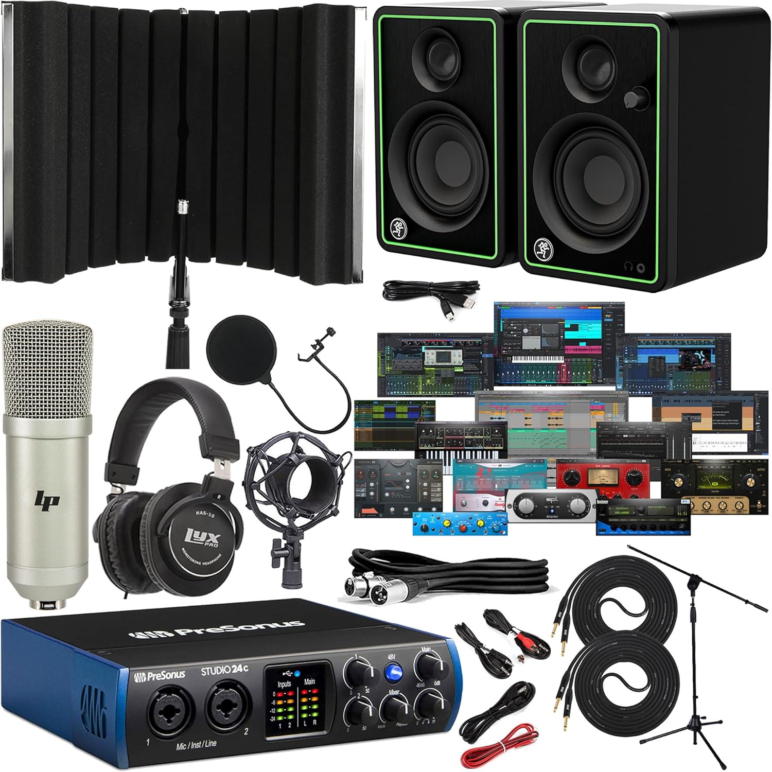 PreSonus Studio 24c 2x2 USB Audio/MIDI Interface with CR3-X Creative Reference Multimedia Monitors and with Newest Version Studio One Artist Software Pack & Isolation Recording Shield