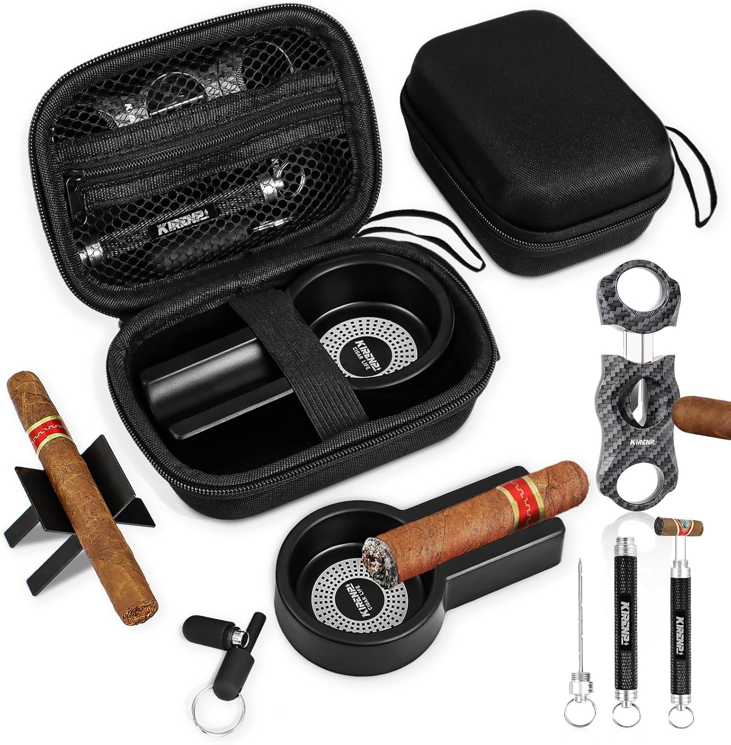 Multifunctional Cigar Accessories, 5-in-1 Kit - V Cigar Cutter, Cigar Draw Enhancer Tool, Cigar Ashtray, Cigar Holder, Cigar Punch, with Accessory Bag for Smoking, Travel, Outdoor, Cigar Gifts for Men
