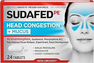 Sudafed PE Head Congestion + Mucus Tablets for Sinus Pressure, Pain & Congestion, 24 Count