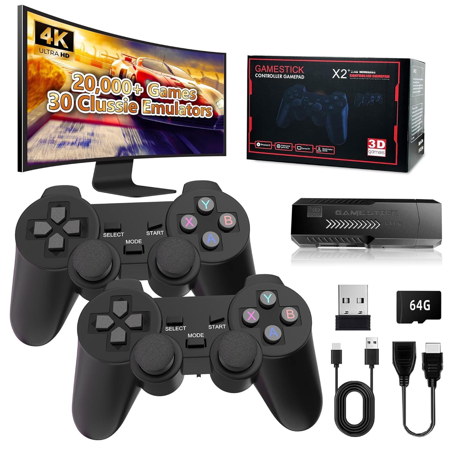 Upgraded Retro Game Console - 24500+ Games Built-in, 2.4GHz Wireless Controller, 30+ Classic Emulators, 4K HDMI Output, Plug & Play Video Game Stick for TV (64G)