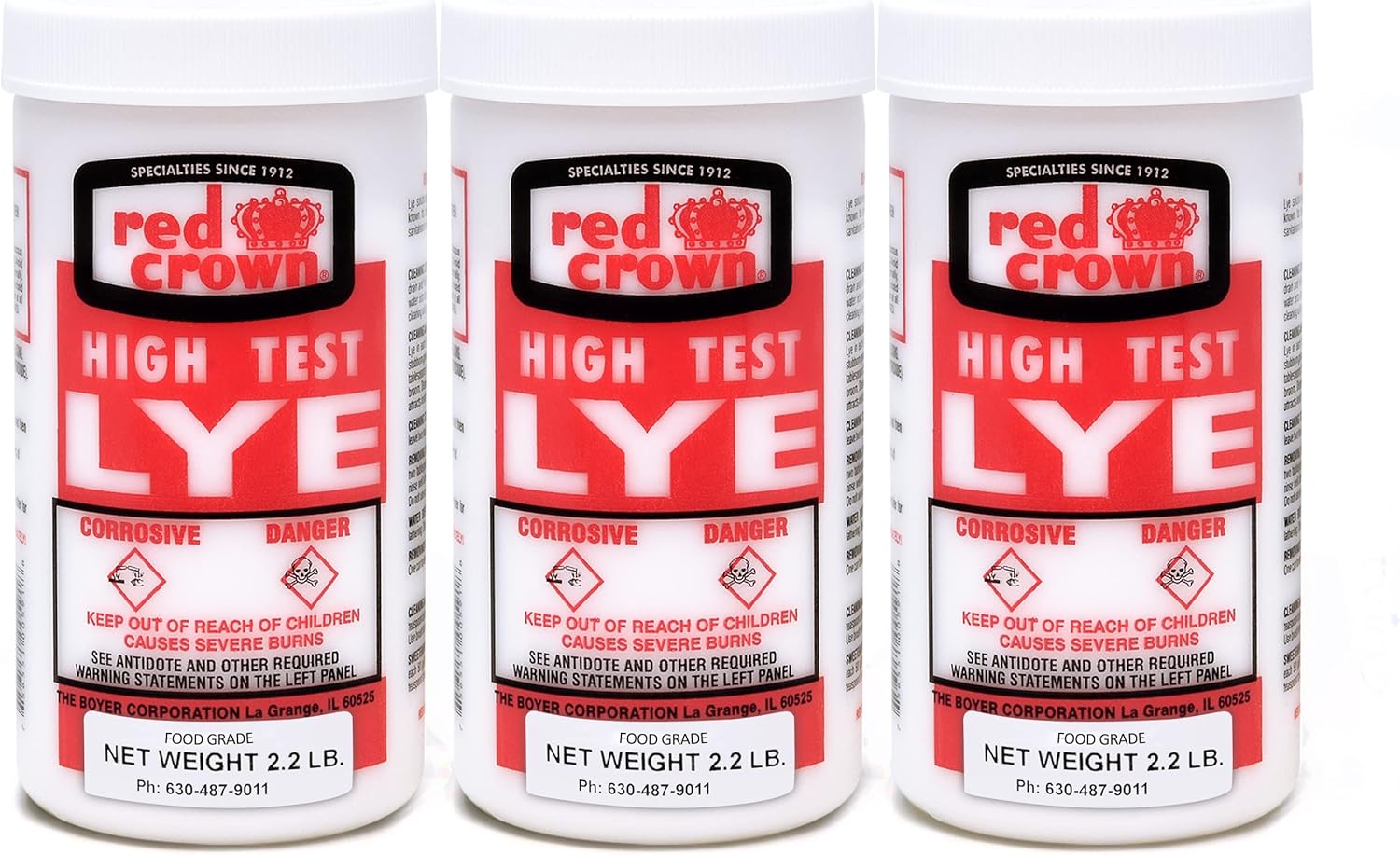 The Boyer Corporation Red Crown Lye for Soap Making, Sodium Hydroxide Pure High Test Food Grade Lye, Caustic Soda, Drain Cleaner and Clog Remover, 3 Pack 2.2 lbs.