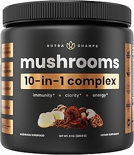 Organic Mushroom Powder - 10-in-1 Complex - Lions Mane, Reishi, Shiitake, Chaga, Turkey Tail, Cordyceps, Maitake & More - Mushroom Supplement Powder Blend for Memory, Focus & Immune Support - 8oz