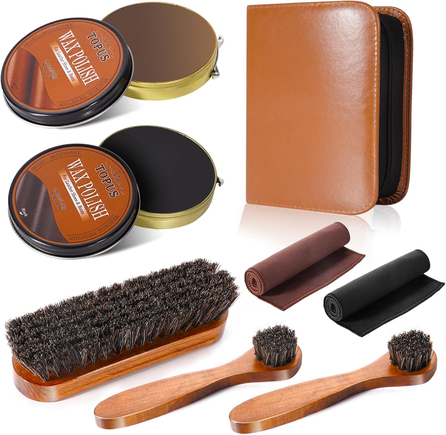 TOPUS Shoe Polish Kit Include 3 Pieces Horsehair Shoe Brushes in 6.7IN Handle, 1.4oz Black & Brown Shoe Polish & Shine Cloths