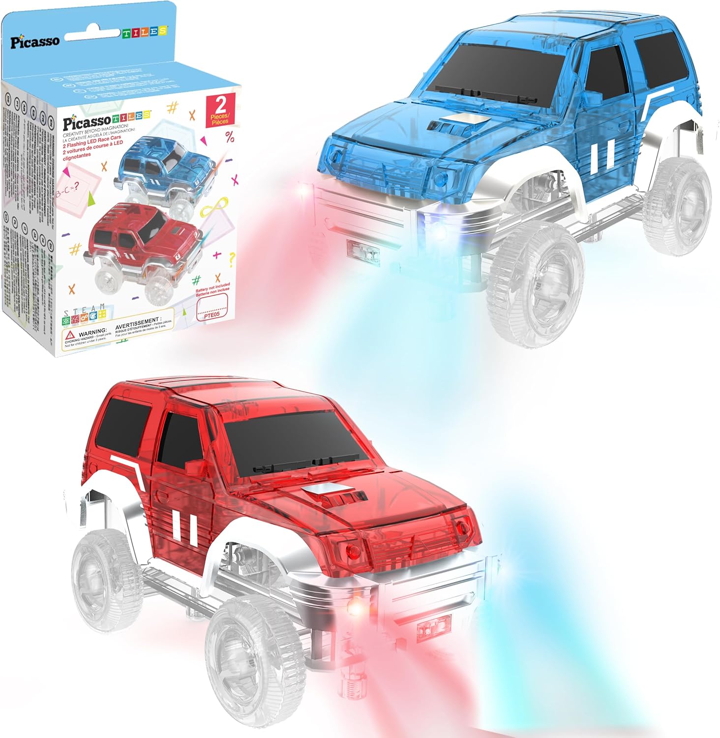 PicassoTiles 2pcs Magnetic Toy Car Set Highly Detailed Compatible with Magnet Race Track STEM Truck Replacement Accessories Educational Construction Building Kits for Toddlers Boys & Girls Ages 3+